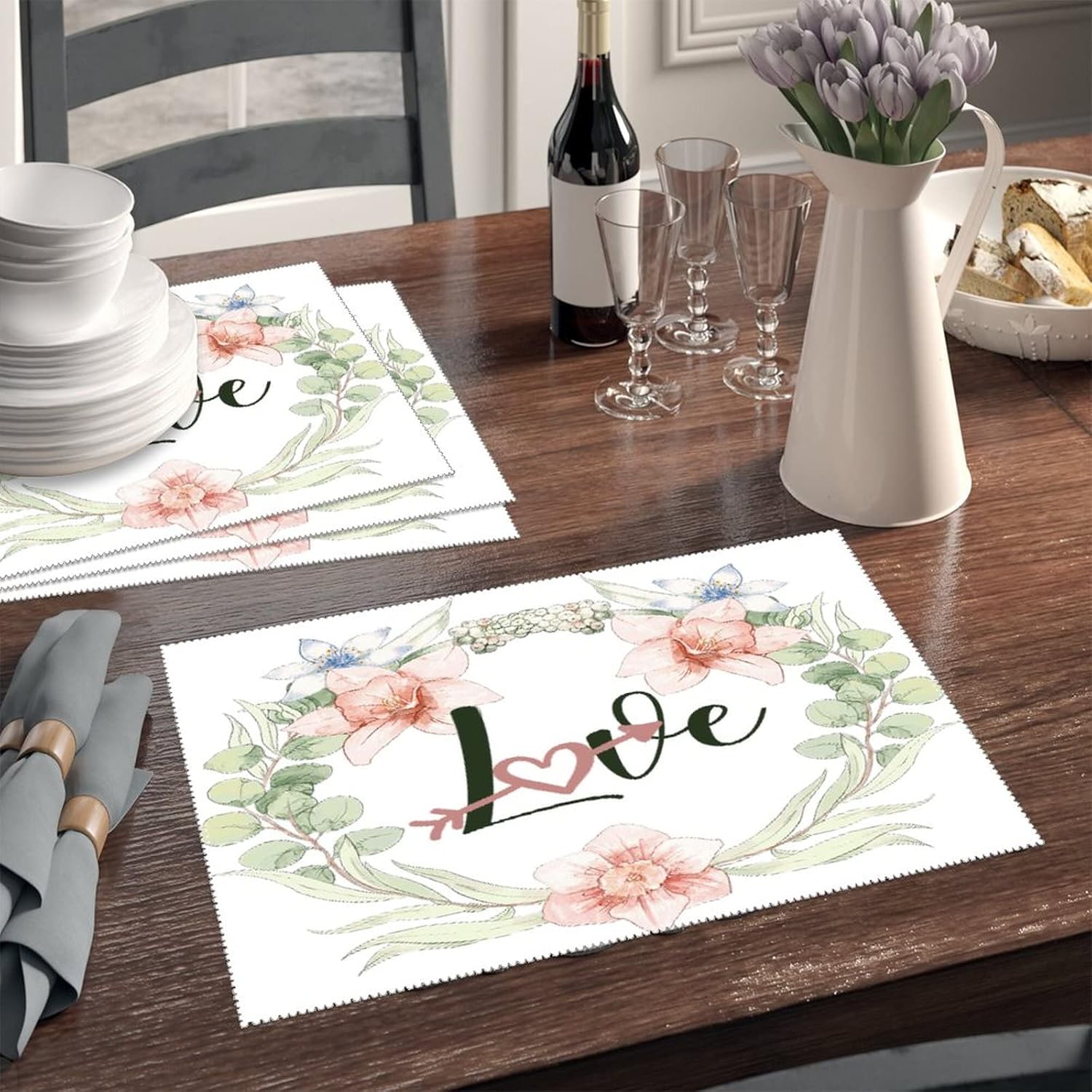 Placemat Flower Wreath Table Decor for Dining Kitchen Banquet Polyester Table Mat Set of 6 Love Dining Placemats Heat Resistant Washable Table Mats Non-Slip Stain Resistant Pad