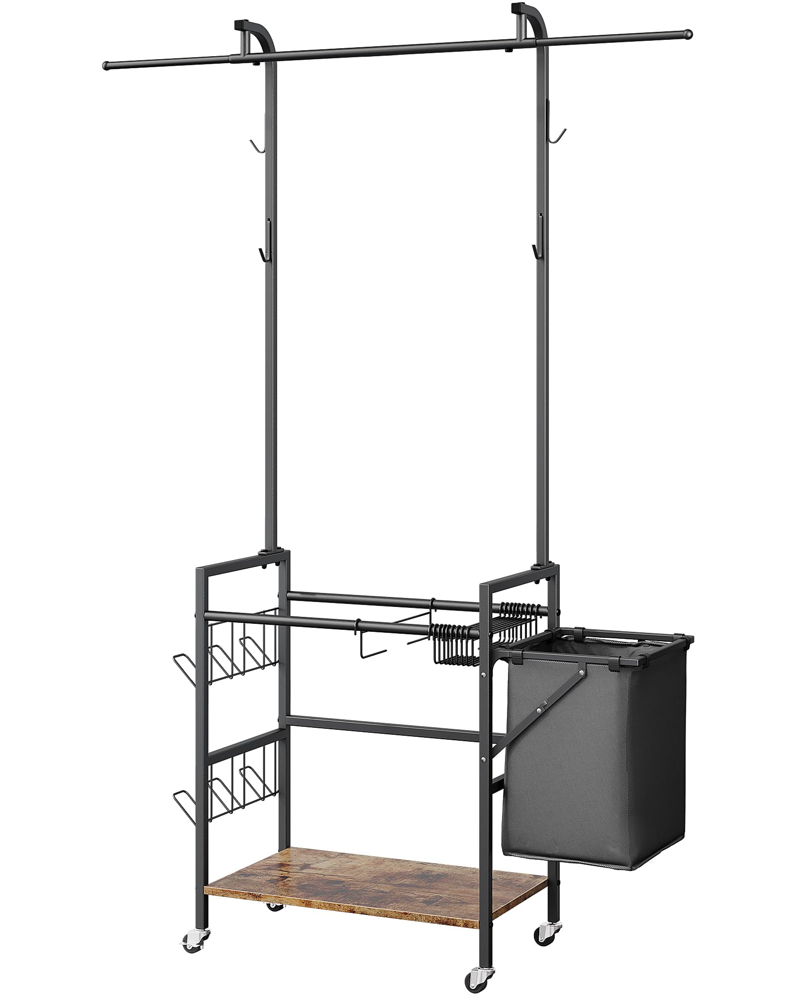 OROPY Clothes Rack on Wheels, 4 in 1 Multifunctional Freestanding Clothing Rack with Storage Shelf, 10 Pants Rack and 1 Laundry Hamper for Clothes Storage, Black