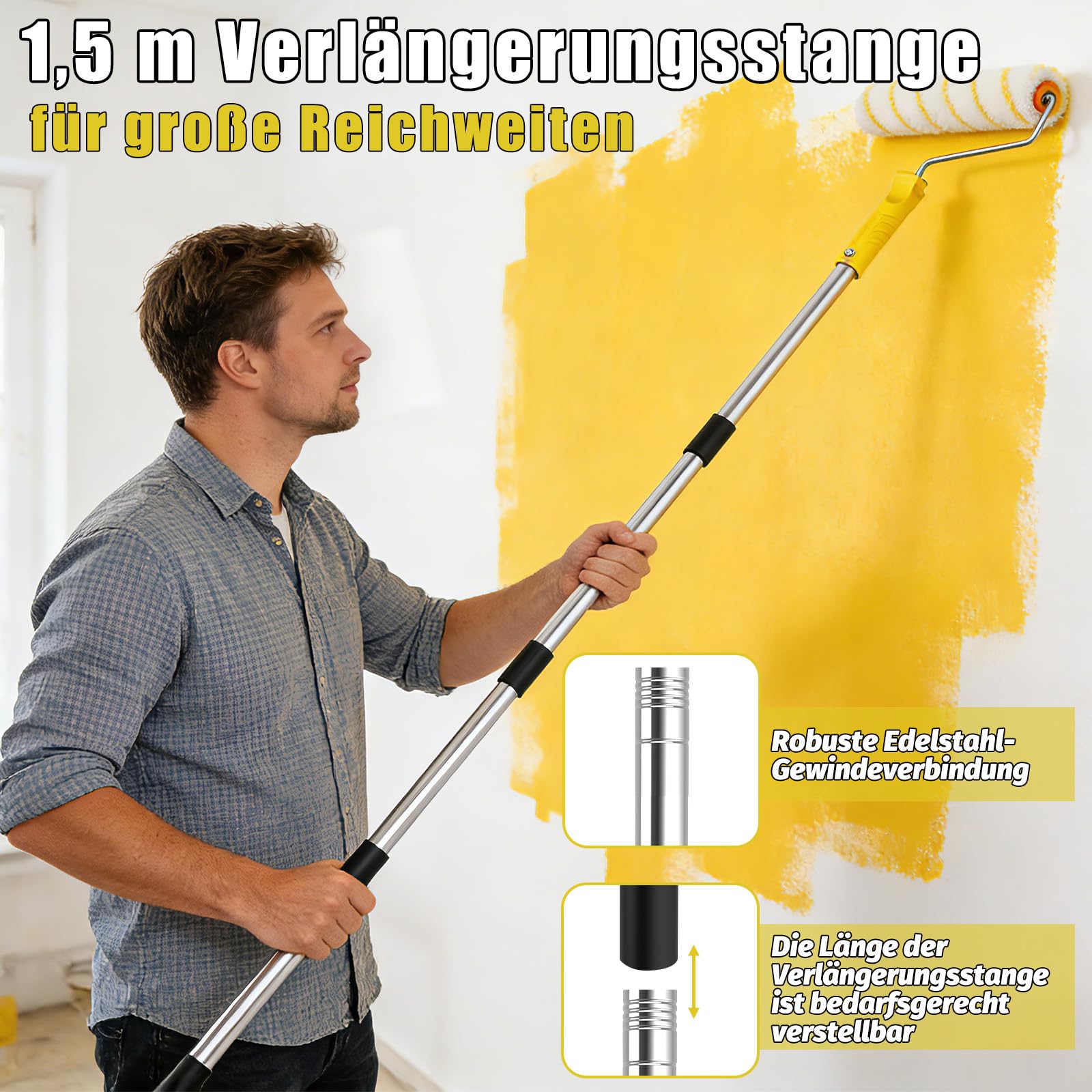 Lot de 20 rouleaux de peinture avec barre télescopique de 1,5 m, rouleau de peinture, pinceau, grattoir et bac à peinture, rouleau de peinture pour peindre les murs, plafonds, portes, moulures