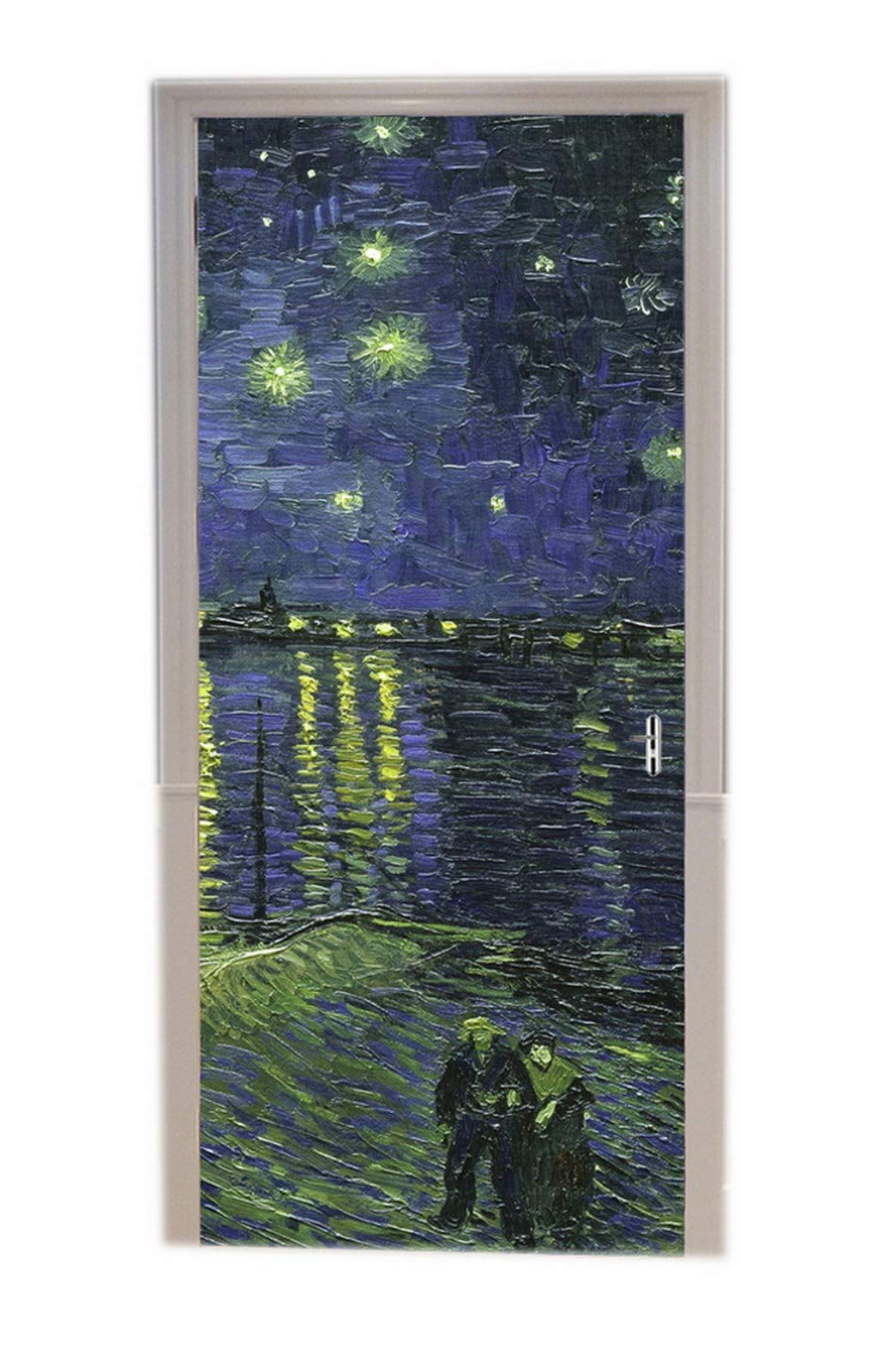 A.Monamour Adesivo Porta Autoadesiva Notte Stellata Sul Rodano Di Vincent Van Gogh Dipinto Ad Olio Vinile PVC Adesivi per Porte Interne 3D Pellicola Adesiva Poster Sticker Murale Decorazione da Parete