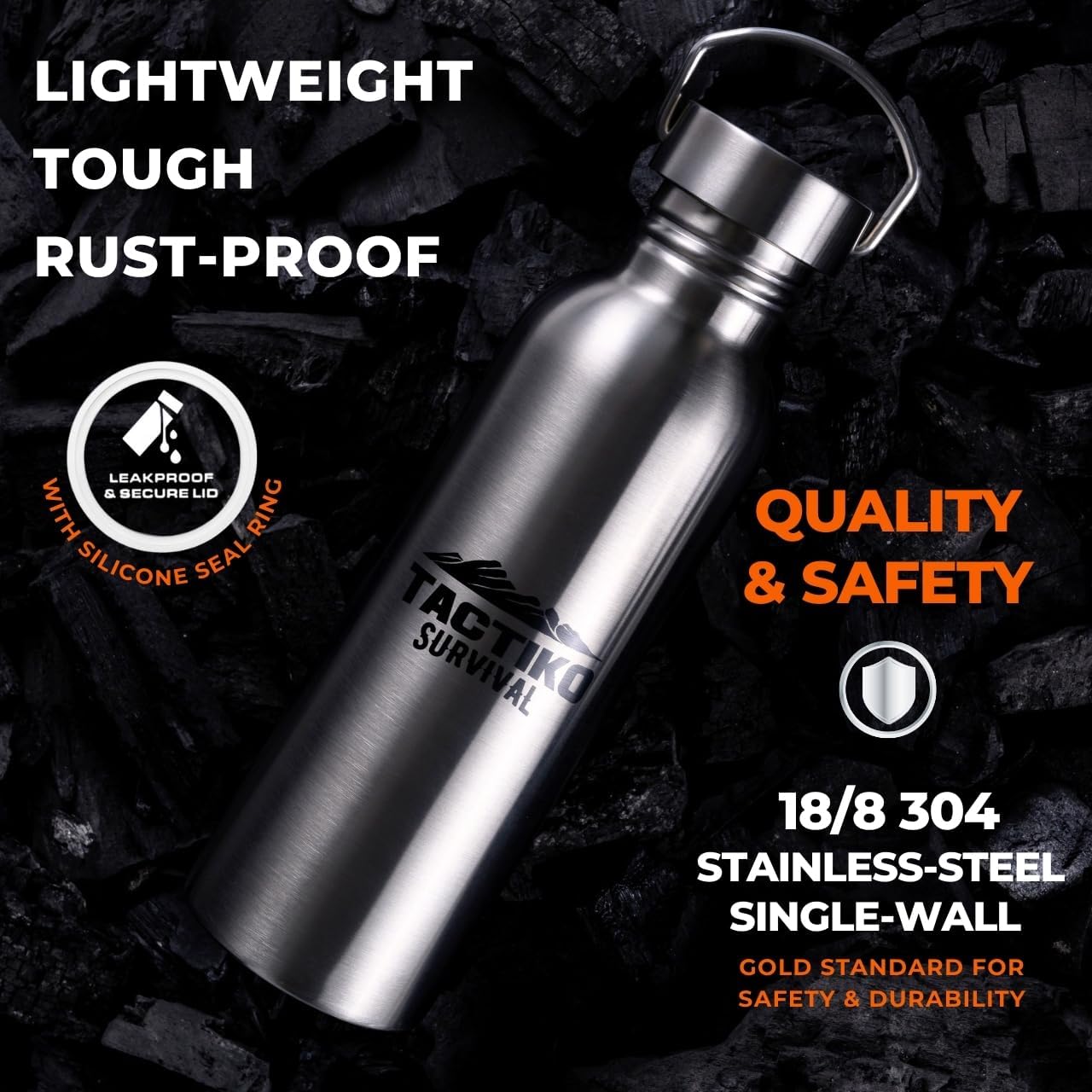 Tactiko Survival 25 oz/750 ml Stainless Steel Wide Mouth Water Bottle, Single Wall Boil-Safe, Leakproof, BPA-Free with Carry Sleeve and Strap for Camping, Hiking, Outdoor Prep (Black) - Image 2