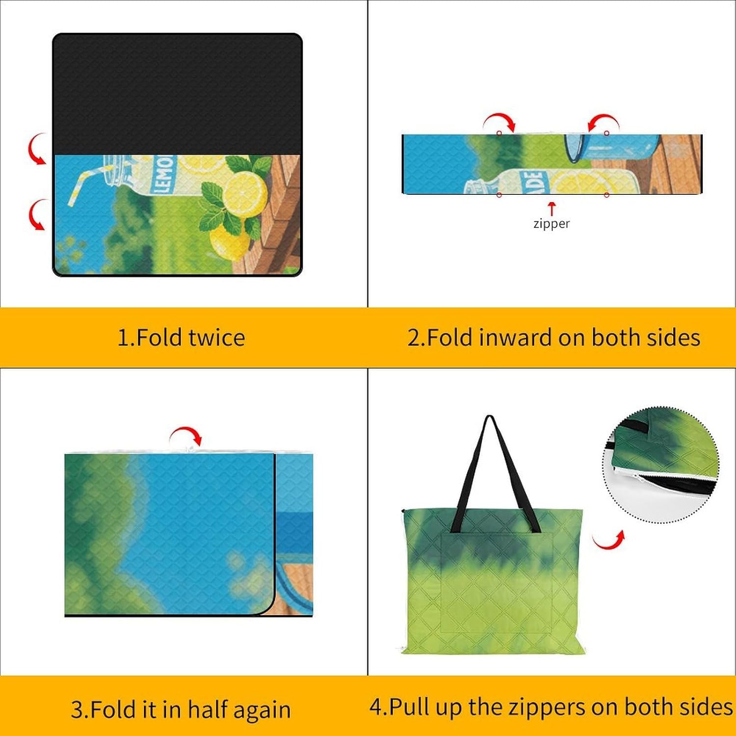 Lemonade Picnic Blanket 200x200cm, Foldable 2-in-1 Picnic Mat and Tote Bag Portable Waterproof Beach Mat Sandproof Outdoor Blanket for Park, Hiking, Beach, Camping, Travel