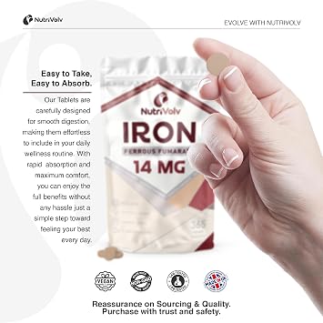 Iron Tablets High Strength 14mg | 365 Count | 12 Months Supply | Vegan Iron Supplements for Women and Men | Ferrous Fumarate Energy | Reduces Tiredness and Fatigue | UK Made Vitamin