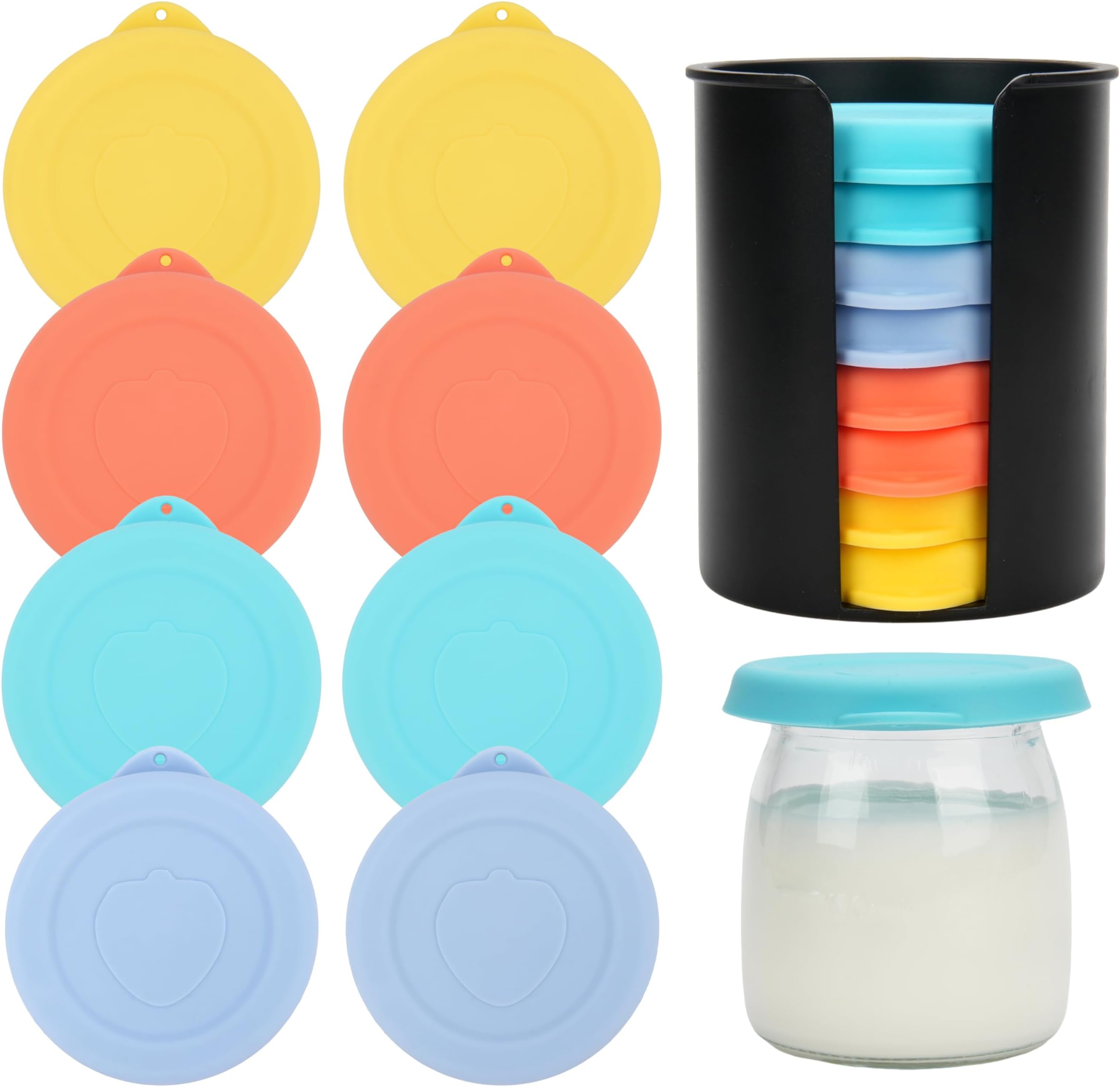8PCS Replacement Yogurt Lids with Lid Storage Organizer - Silicone Leakproof Jar Covers Fit for Ultimate Yogurt Jars, Airtight, Dishwasher Freezer Microwave Safe, Fit Perfectly(Jars NOT Included)