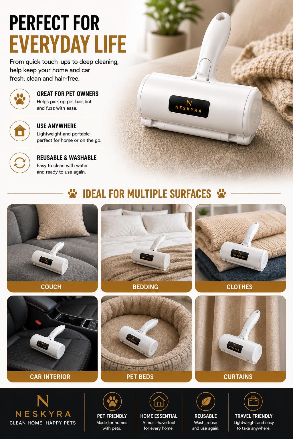 NESKYRA Pet Hair Remover Roller, Reusable Lint Roller for Pet Hair, Couch, Furniture & Clothes view 7