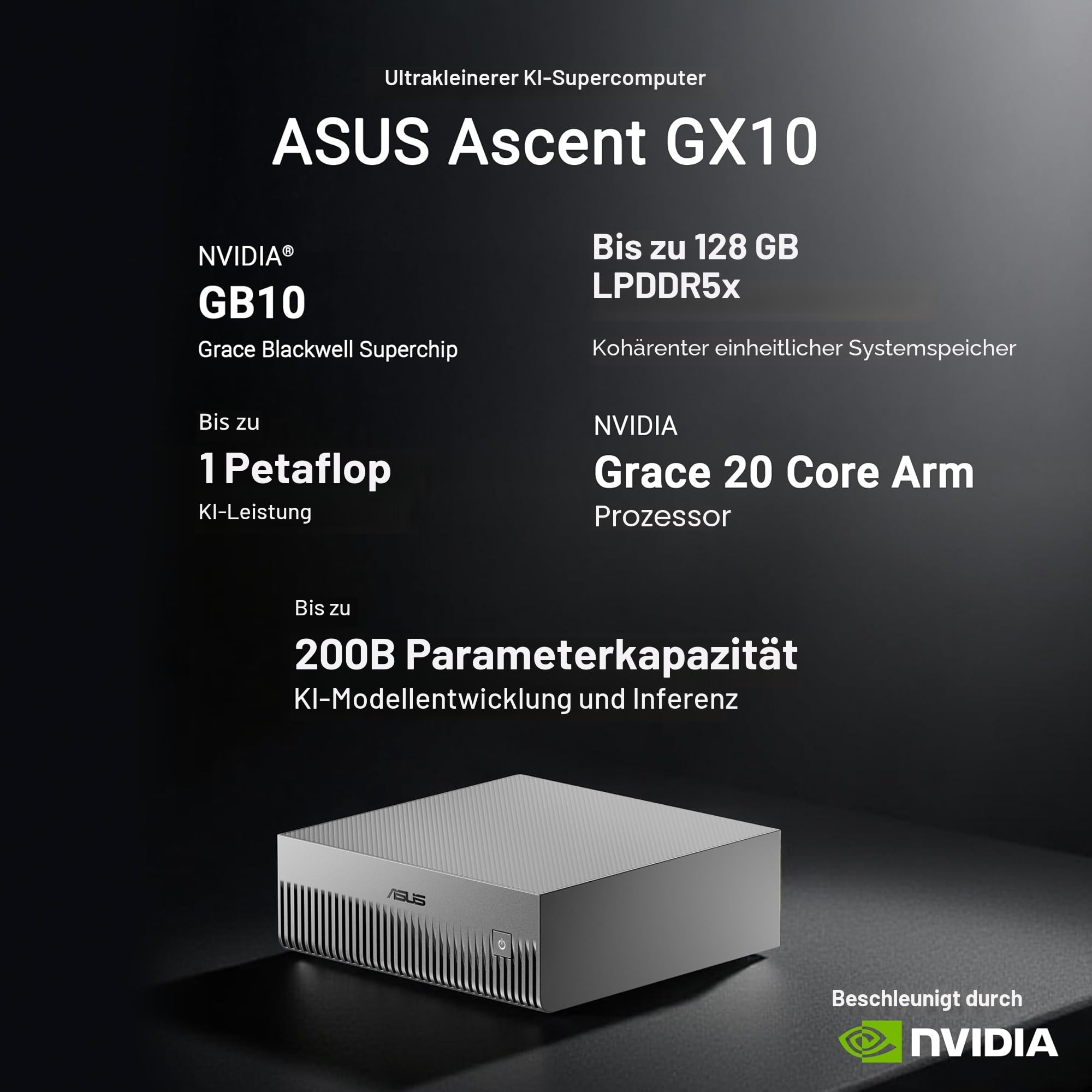 ASUS Ascent GX10-GG0003BN 1TB KI Supercomputer (NVIDIA GB10 Grace Blackwell Superchip, 1 petaFLOP KI-Leistung, 128 GB Speicher, DGX Spark, NVLink-C2C, ConnectX-7, kompakt)