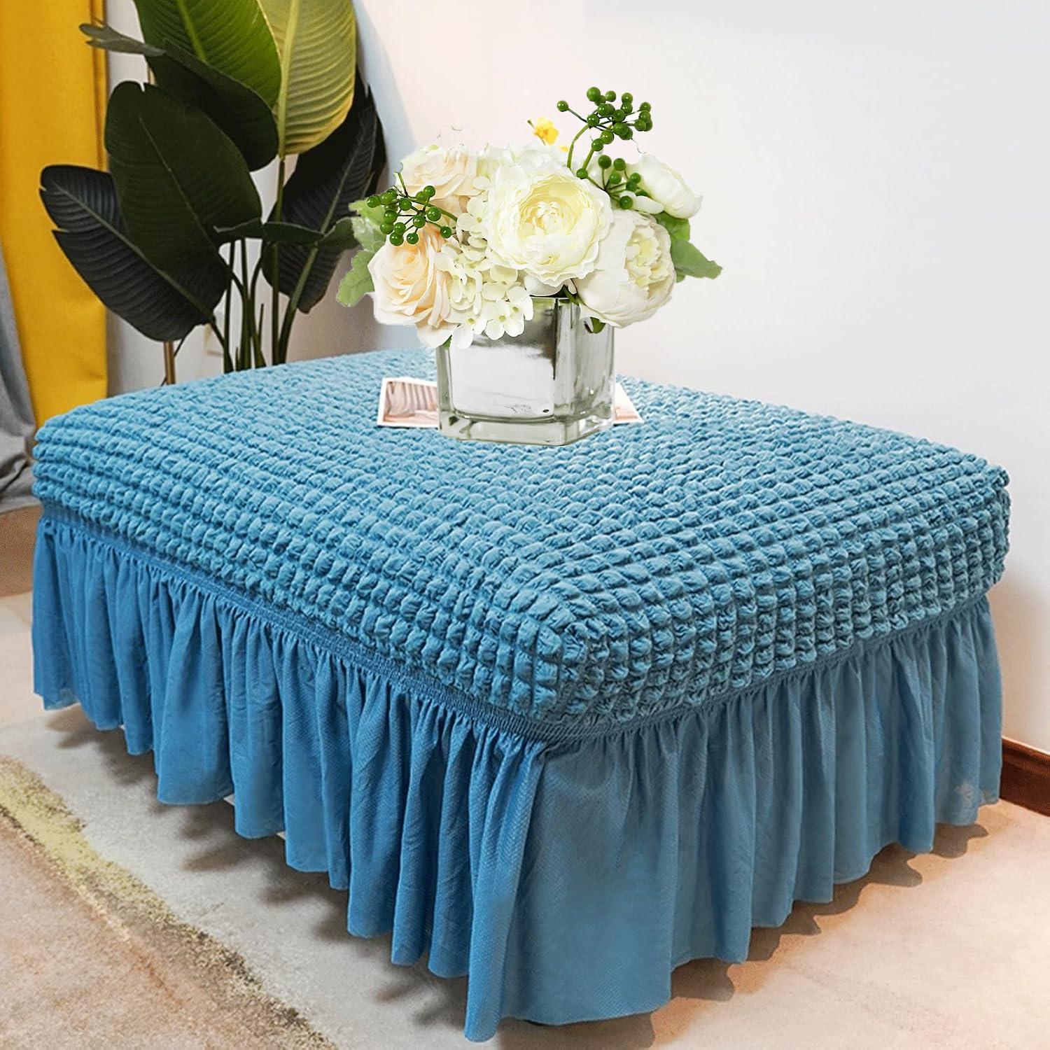 DMBAOD Stretch large footstool cover rectangular storage stool cover with skirt elastic band soft seersucker footstool protective cover for living room bedroom cats and dogs