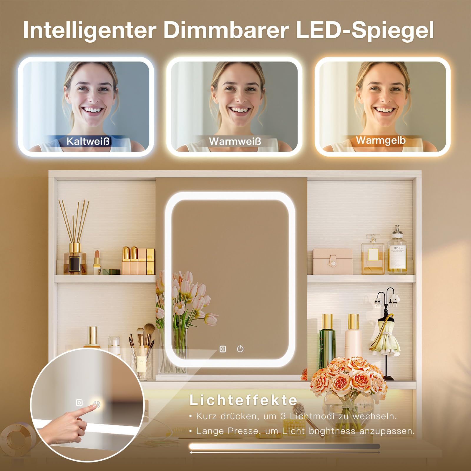 ODK Schminktisch mit Verstellbarem LED-Spiegel & Eingebauten USB-Steckdosen & RGB-Lichtleiste, Toilettentisch mit 5 Stoffschubladen & 3-Etagen-Regalen, Weißer Schminktisch 90×40×139cm