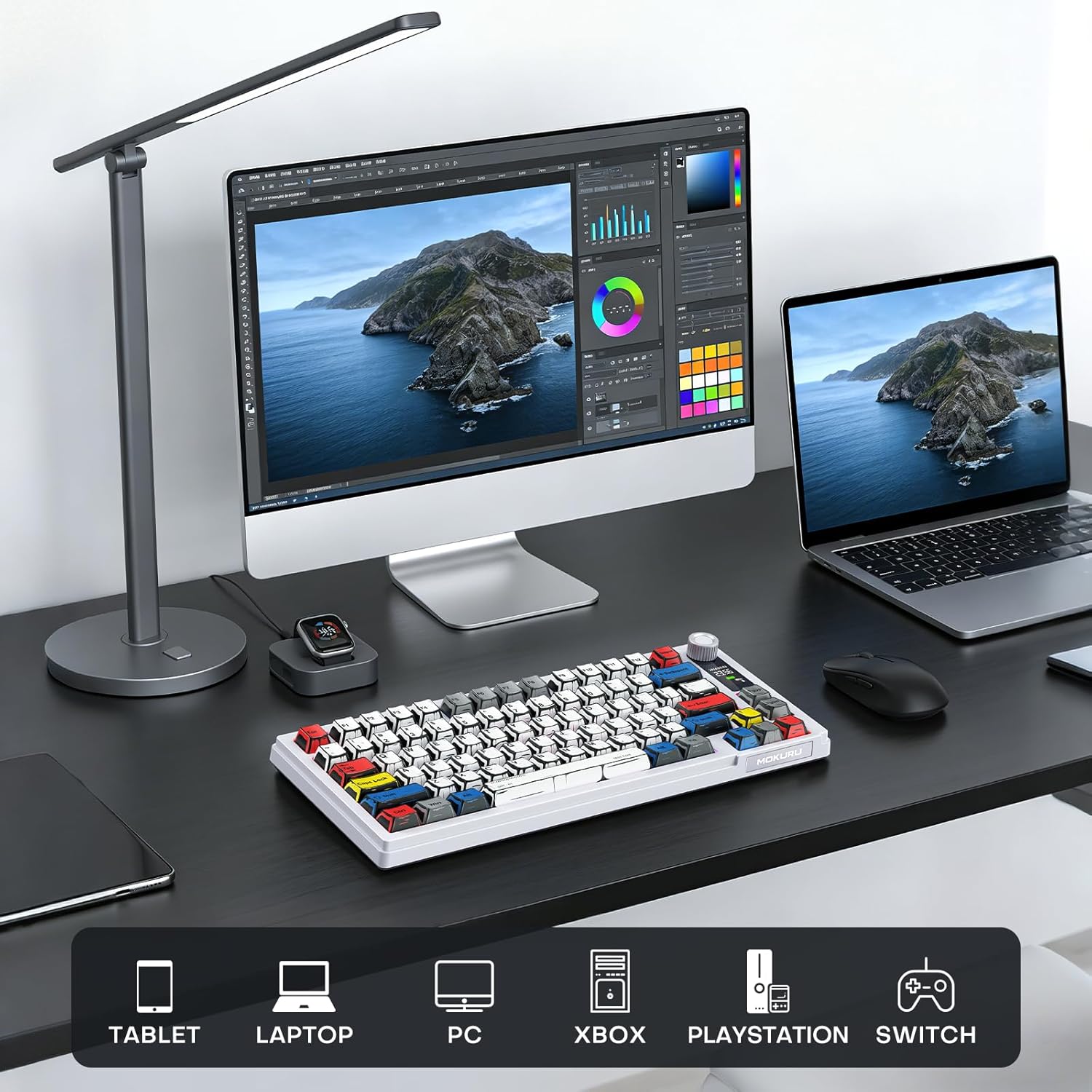 MOKURU Wireless Mechanical Keyboard, Three Mode BT/2.4G/USB-C, RGB Switching, 75% Key Layout, Volume Adjustment knob, Hot Swappable Shaft Seat, Compatible with Windows, Mac (Comic PBT)