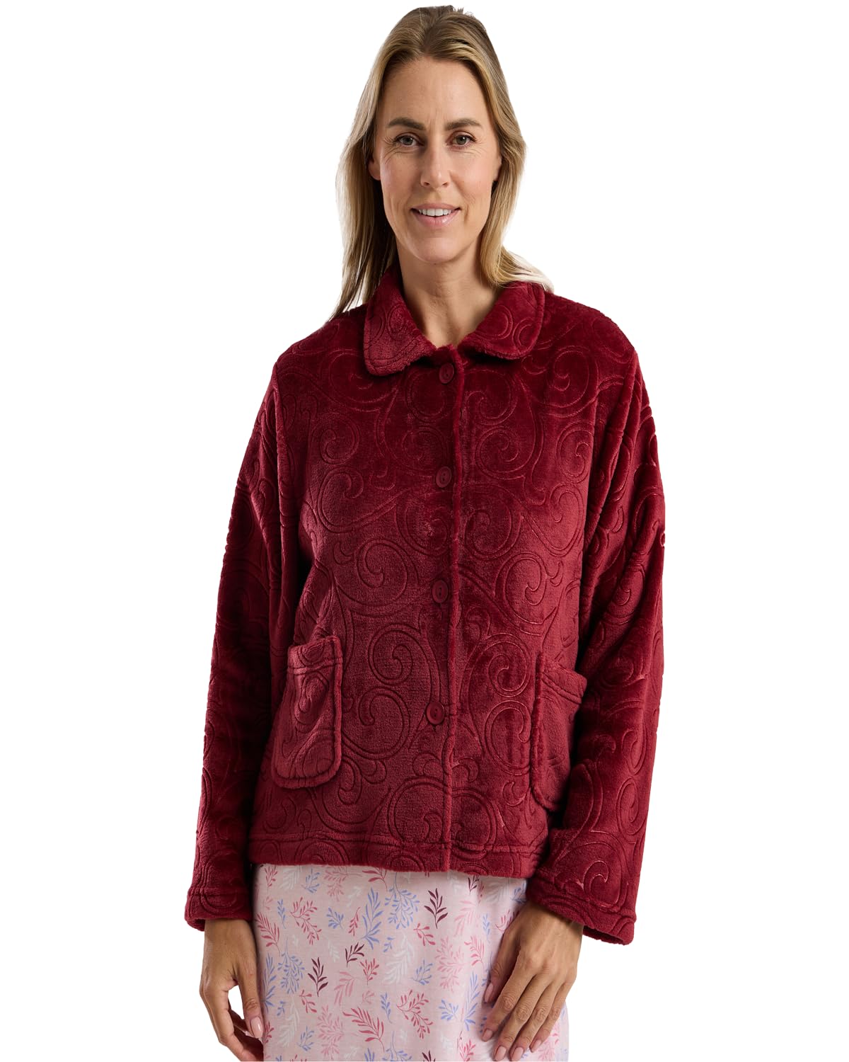 Slumber Hut Women's Claret Swirl Fleece Button Bedjacket Ma45721 Large