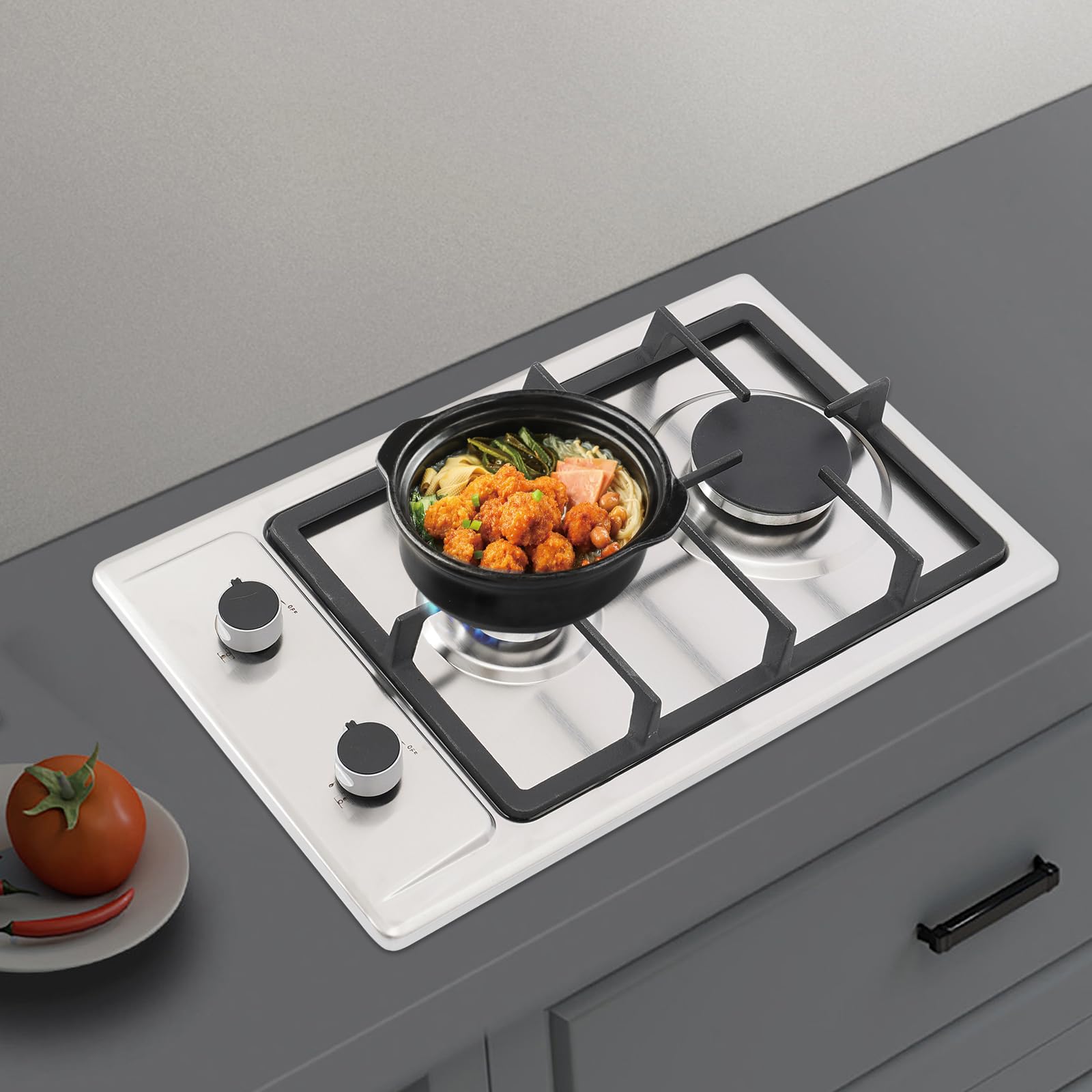 plaque de cuisson gaz 2 feux encastrable, protection flamme, NG/LPG, convertible, allumage impulsion, 4,75 kW, acier inoxydable