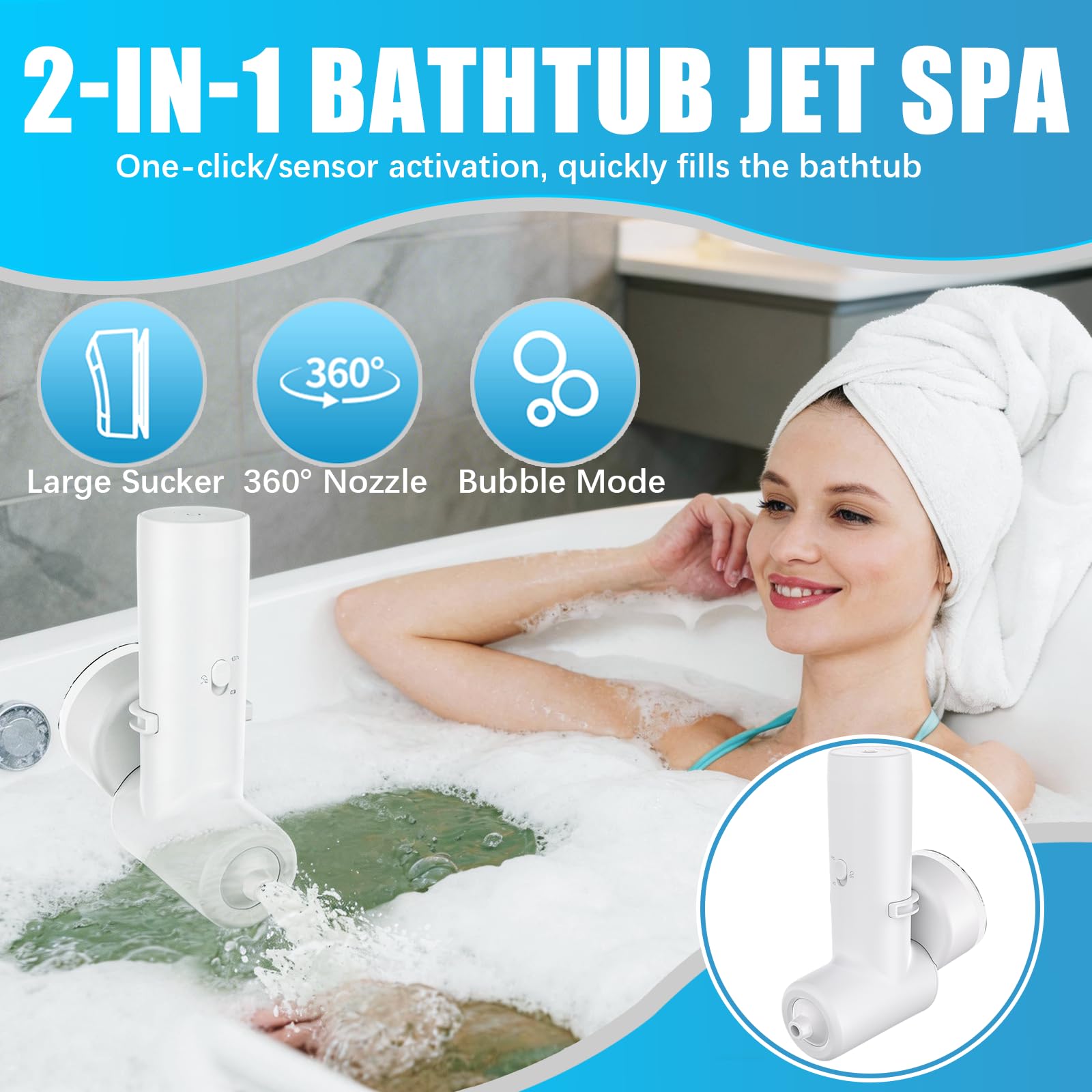 Getti per Vasca, Getti per Vasca da Bagno per Spa Portatile Senza Fili da 2600 mAh con Doppia Modalità di Idroterapia Flusso D'acqua a 3 Livelli e Testina di Spruzzo Regolabile a 360°