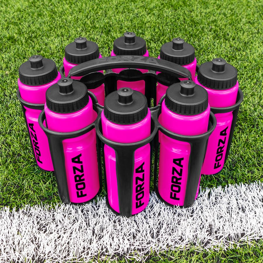 FORZA Water Bottles + Carrier Set [8x Bottles] | Hygeine [1L] or Sports Bottle [750ml] with Stackable Carrier for Football, Rugby, Training, Gym & Teams (Pink, Sports Bottles)