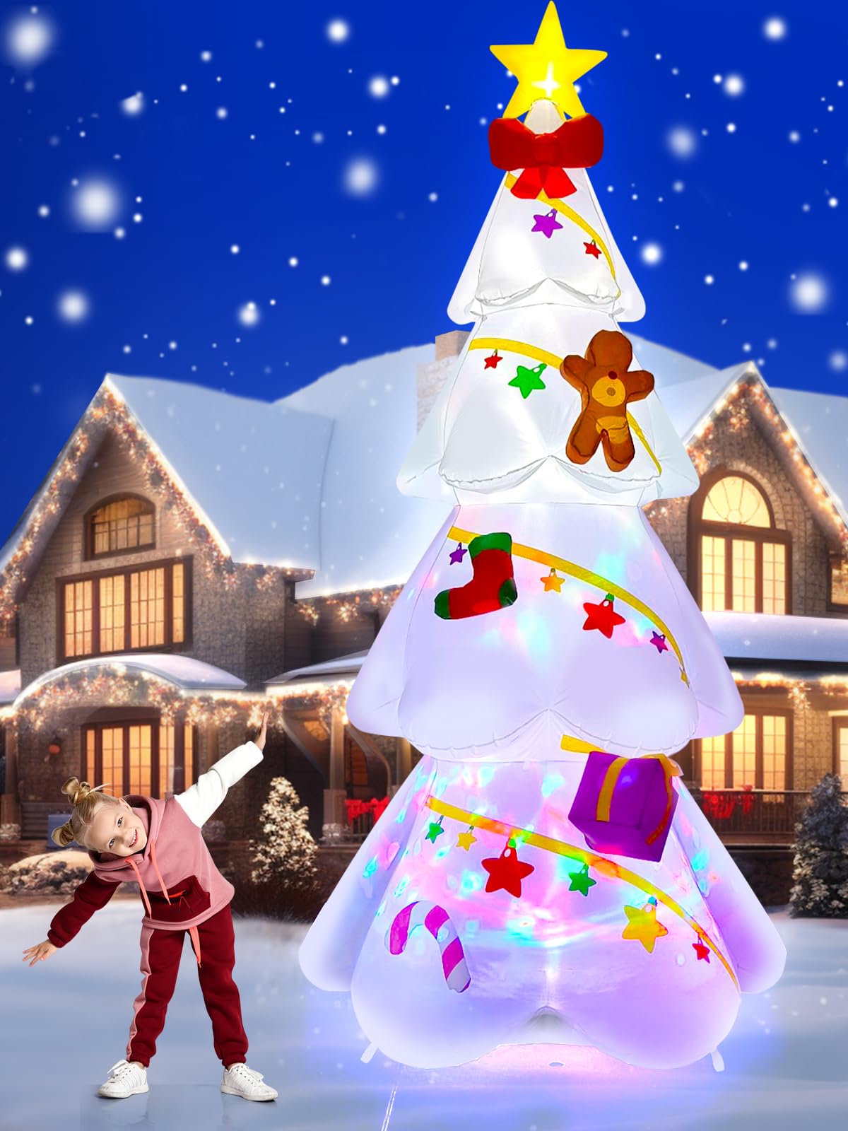 EBANKU Árbol de Navidad inflable blanco de 9 pies con caja de regalo, decoración interior para el hogar, familia, patio, césped
