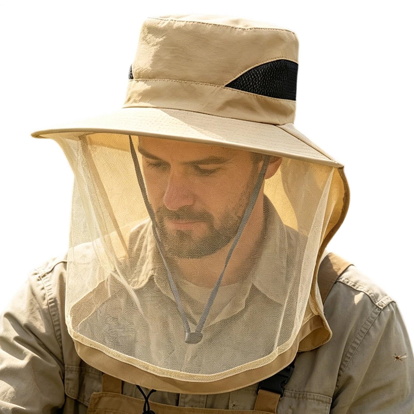 Hat with Net Mesh Face and Neck Cover Sun Shield Headgear Khaki