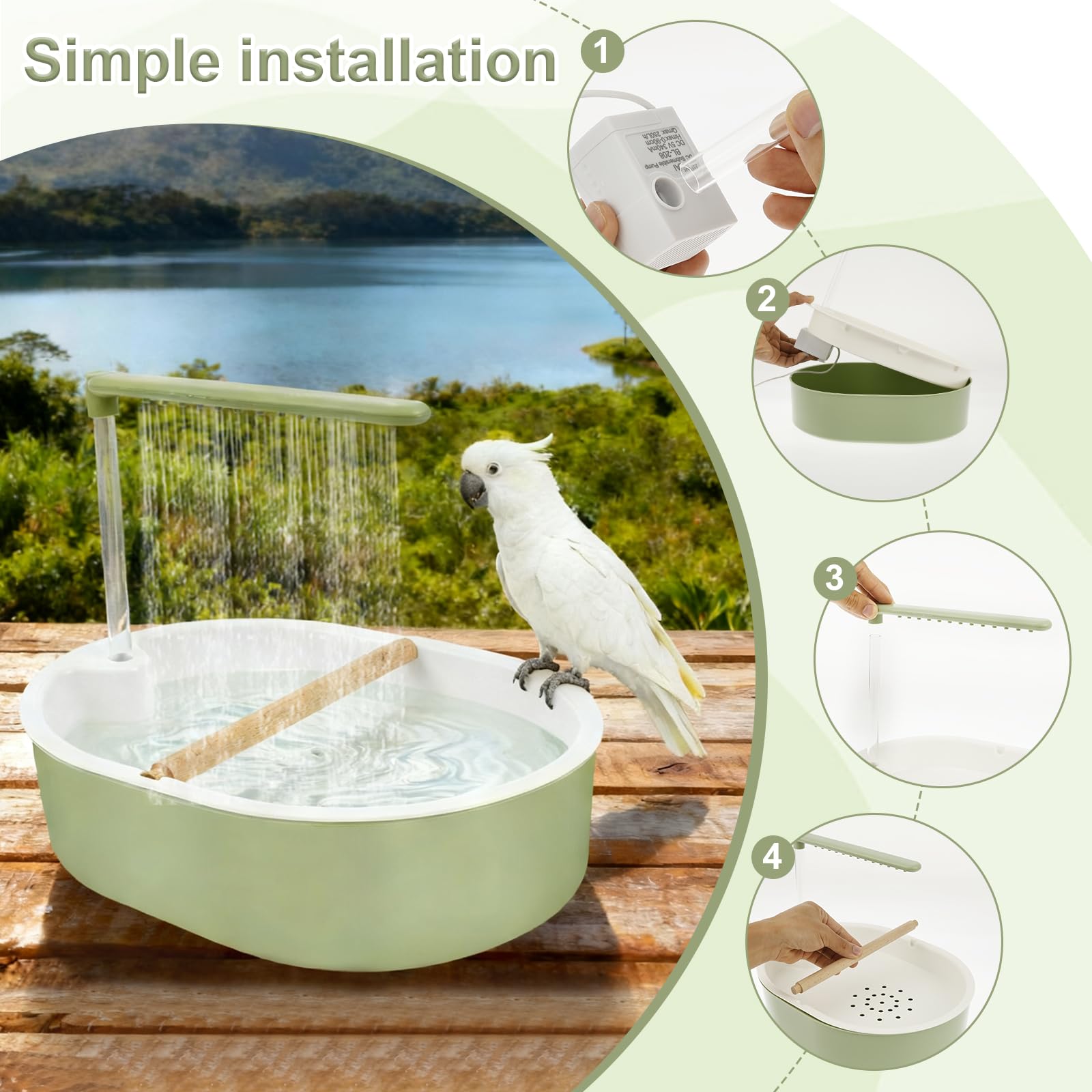 Bain d'oiseaux, douche à oiseaux, perruches, boucle d'alimentation USB, capacité, pour inséparables, perruches, munias africains et aras (vert)