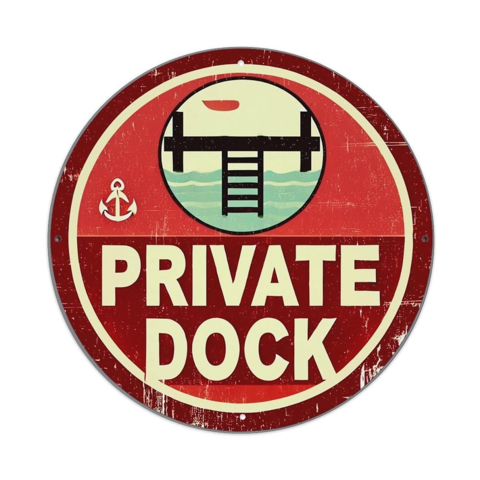Private Dock Sign With Anchor And Ladder Retro Metal Sign Round Tin Sign, Vintage Decor Art Poster for Bar, Home, Man Cave, Kitchen, Laundry Room Gift 8x8Inch