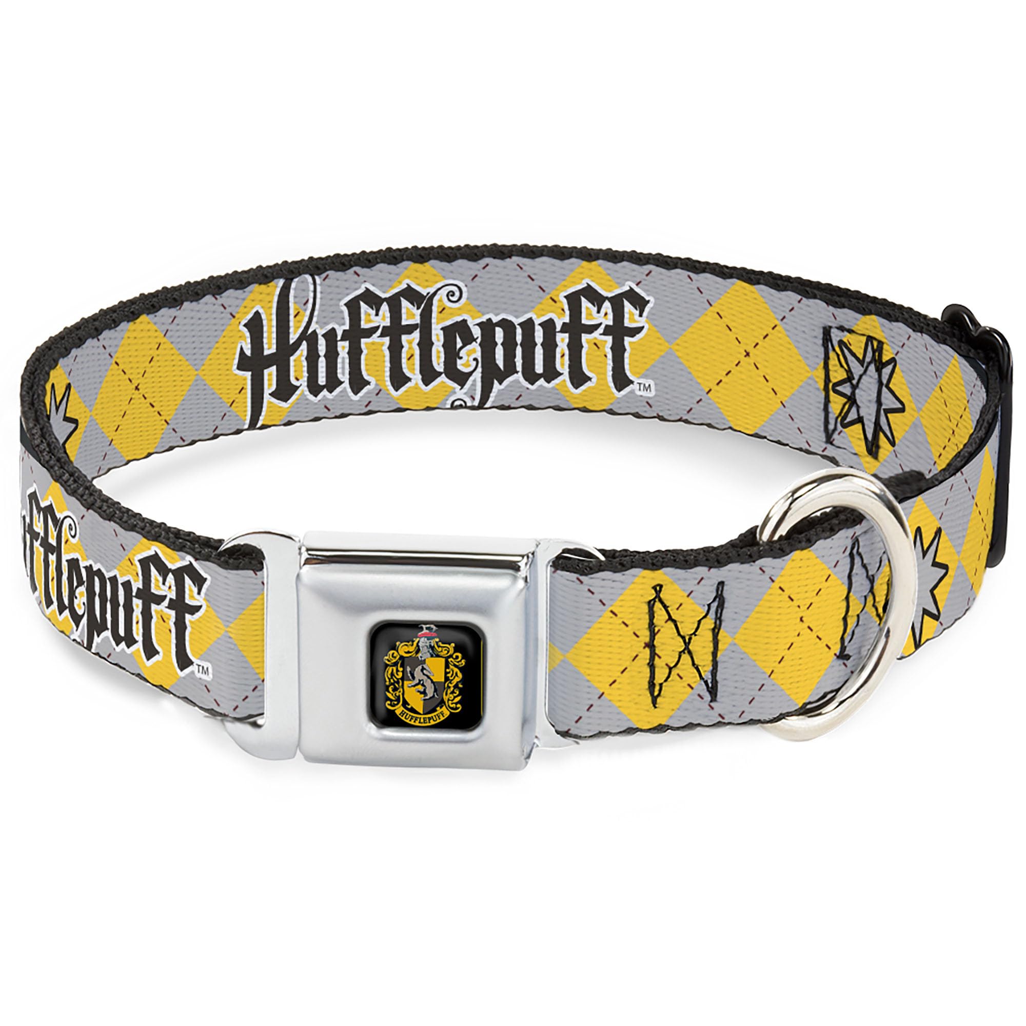 Warner Bros. Pet Collar, Dog Collar Metal Seatbelt Buckle, Harry Potter Hufflepuff Stars Argyle Plaid Gray Gold Browns, 20 to 31 Inches 1.5 Inch Wide