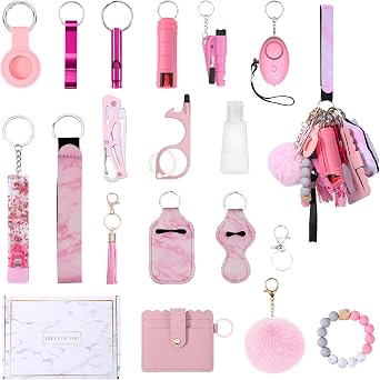 Safety Keychain Set for Women, 18-in-1 Keychain Kit, Gift Set with Personal Alarm Whistle Wallet Pompom