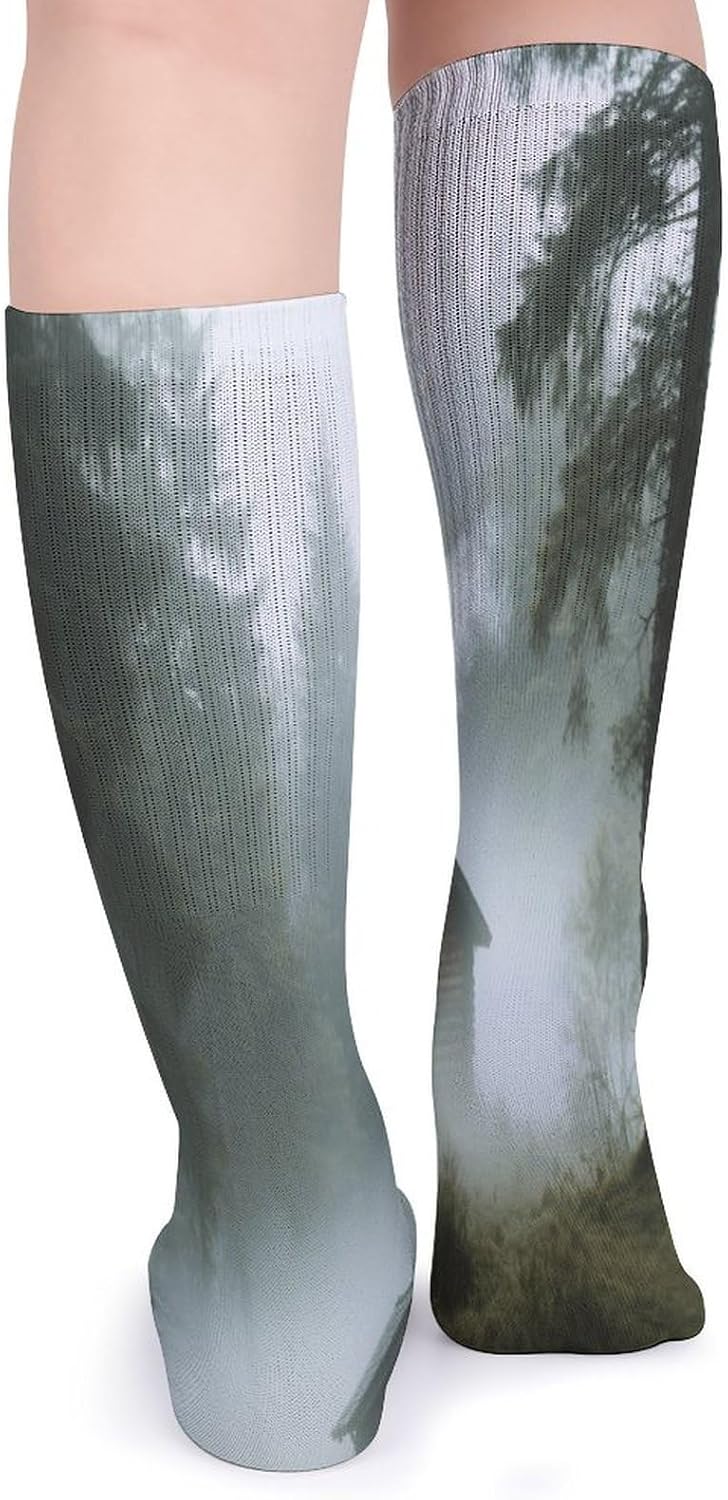 Forest Fog Wooden House Crew Socks High Stocking Thermal Socks | Tube Socks-Breathable-Moisture-Soft-wicking for Hospital Pilates Yoga for women men Grippy for office and daily walking