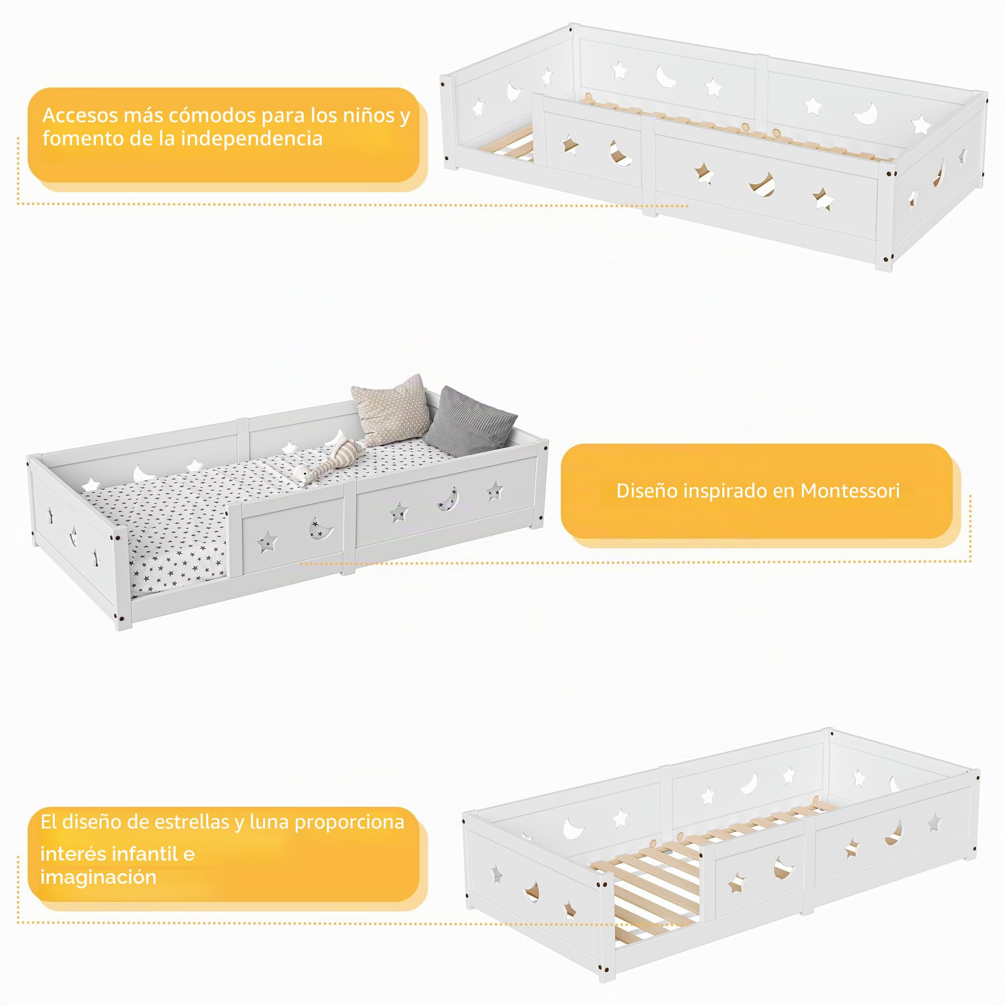 Montessori - Cama de suelo de 90 x 200 cm, con protección anticaída y somier de láminas, diseño de estrellas y luna, cama infantil para niños y niñas, de madera de pino maciza, color blanco (blanco