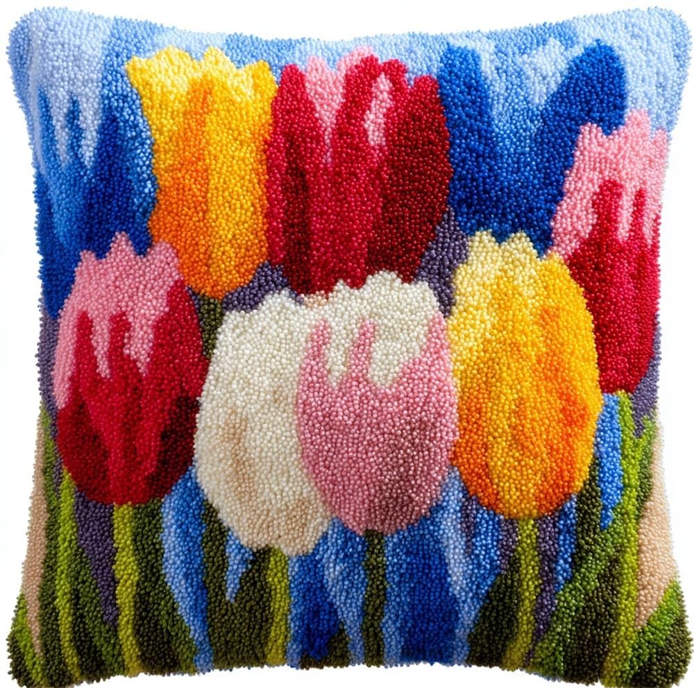 FWRTYCB 3D Pillow Latch Hook Embroidery Kits Tulips Cushion Art