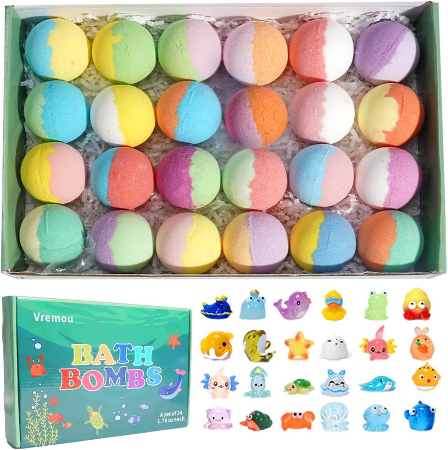 Natural Bath Bombs for Kids with Mega Bubbles & Surprise Inside, 24 Pack Kids Bath Bombs Gift Set with Surprise Ocean Toys Inside, Skin-Friendly Bathing Kit for Boys & Girls