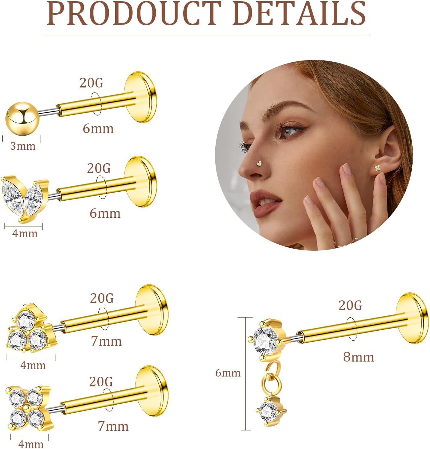 20G 18G 16G Gold Threadless Flat Back Earrings Surgical Steel Push in Nose Stud Rings 18K Gold Plated Hypoallergenic Cartilage Earring Set Helix Conch Medusa Tragus Piercing Jewelry for Women - Image 2