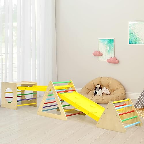 Miniatura 4 de INFANS Escalador triángulo 5 en 1 para niños juguetes de escalada de madera para niños pequeños con escalera de rampa de doble cara para patio de