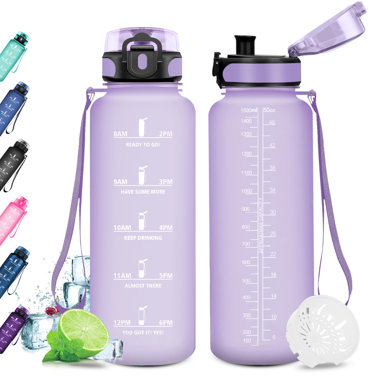 KollyKolla Water Bottle 1.5 L Sports Water Bottle with Time Markings Gym Leak-Proof Suitable for Carbonated Drinks for Adults Office Fitness Yoga University โ image 1