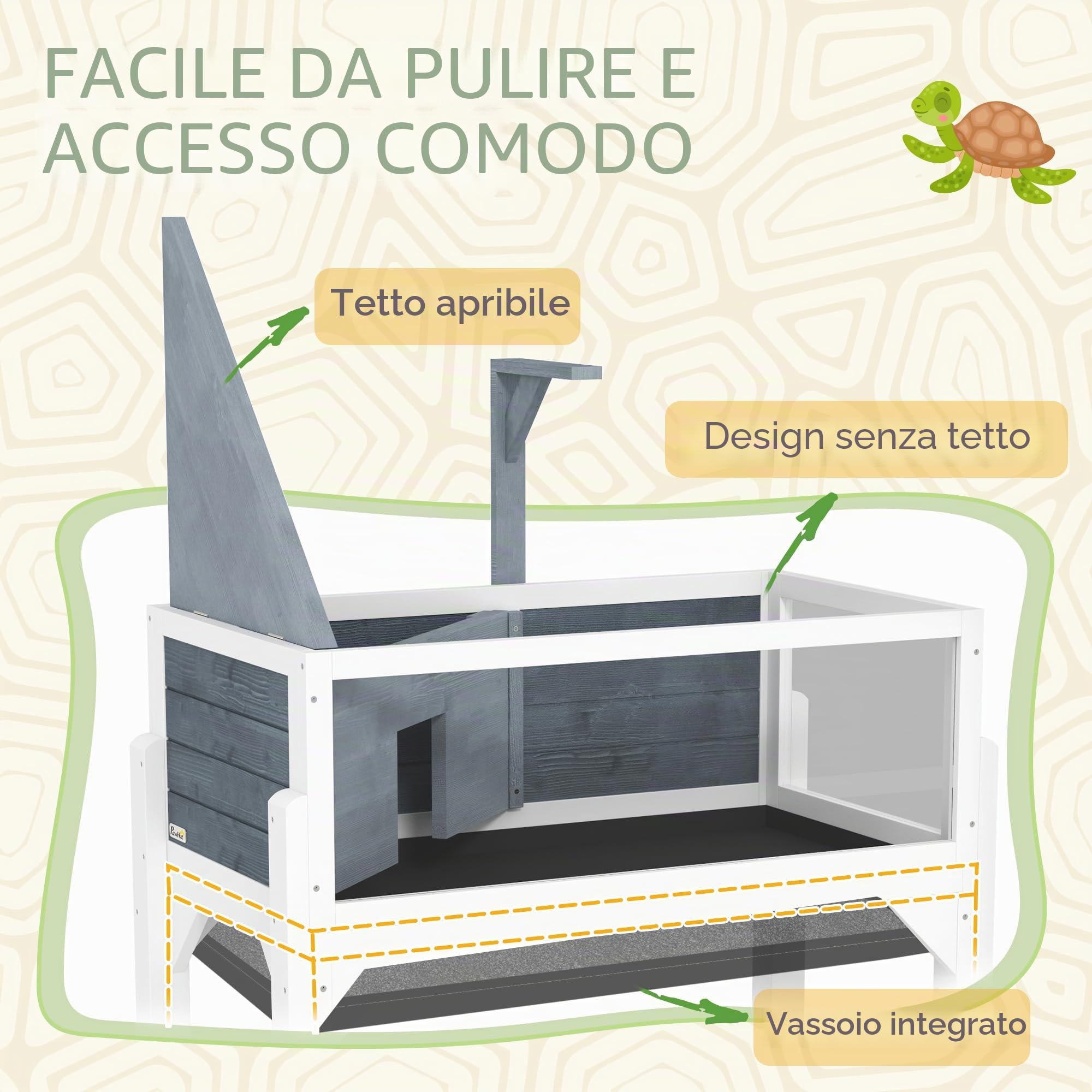 PawHut Casa per tartarughe su piedini a 2 zone - terrario per tartarughe terrestri con tetto apribile e zona interattiva - recinto 90 cm, supporto lampada, vista panoramica e ripiano - grigio