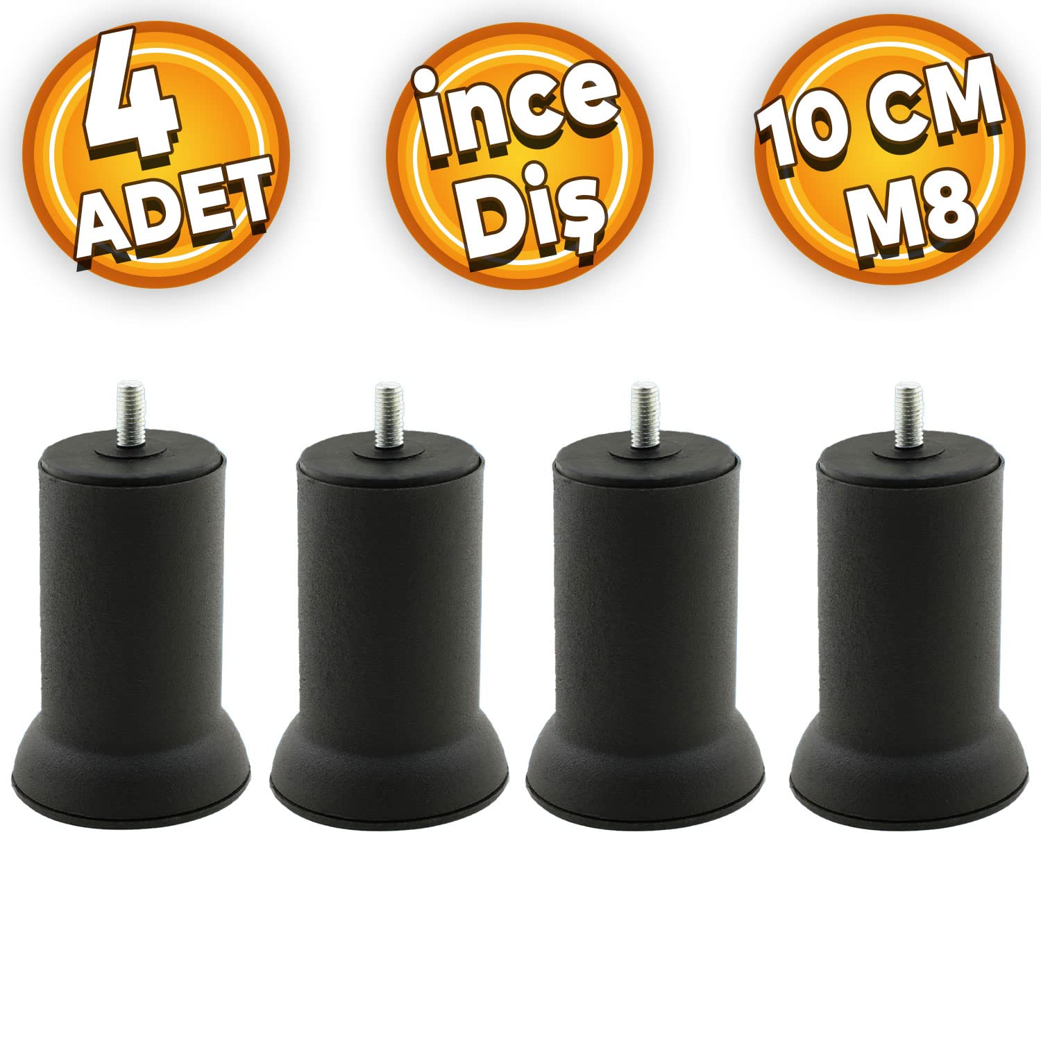 Badem10 Mobilya Metal Kanepe Baza Koltuk Destek Ayağı M8 Civata Siyah Metal Ayak 10 Cm (4 ADET)