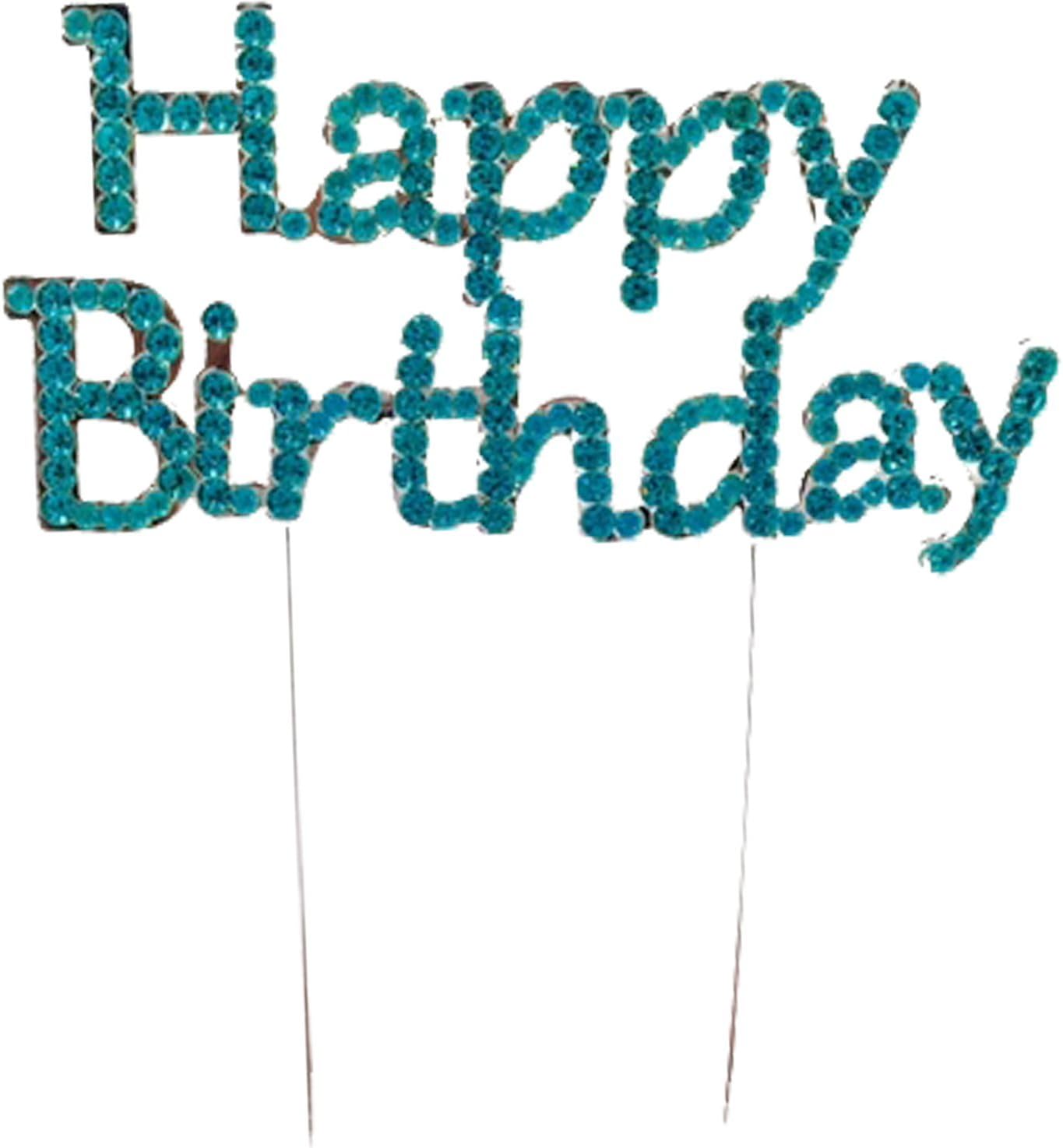 Happy Birthday Blue Rhinestone Crystal Cake Topper For Wedding, Birthday, Anniversary, Party. Shine & Sparkles.