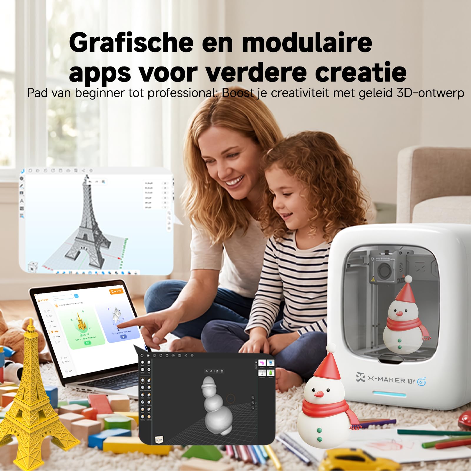 Stampa 3D AI, Kit con 8 Filamenti PLA, Funzione Di Design AI, Ampia Libertà Creativa, Velocità Fino A 400 Mm/S, con 16+ Mini Moduli 3D, Controllo tramite App, X-Maker Joy AI+