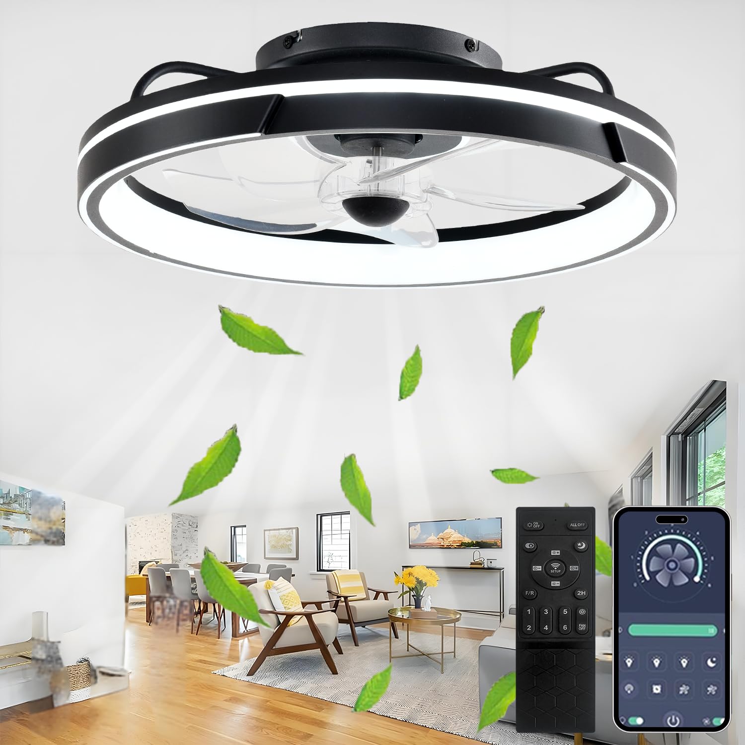 LED Deckenventilator mit Beleuchtung und Fernbedienung, 64W, APP Dimmbar, Umkehrbar, 6-Stufen, 5 Flügel, Timer, Schwarz