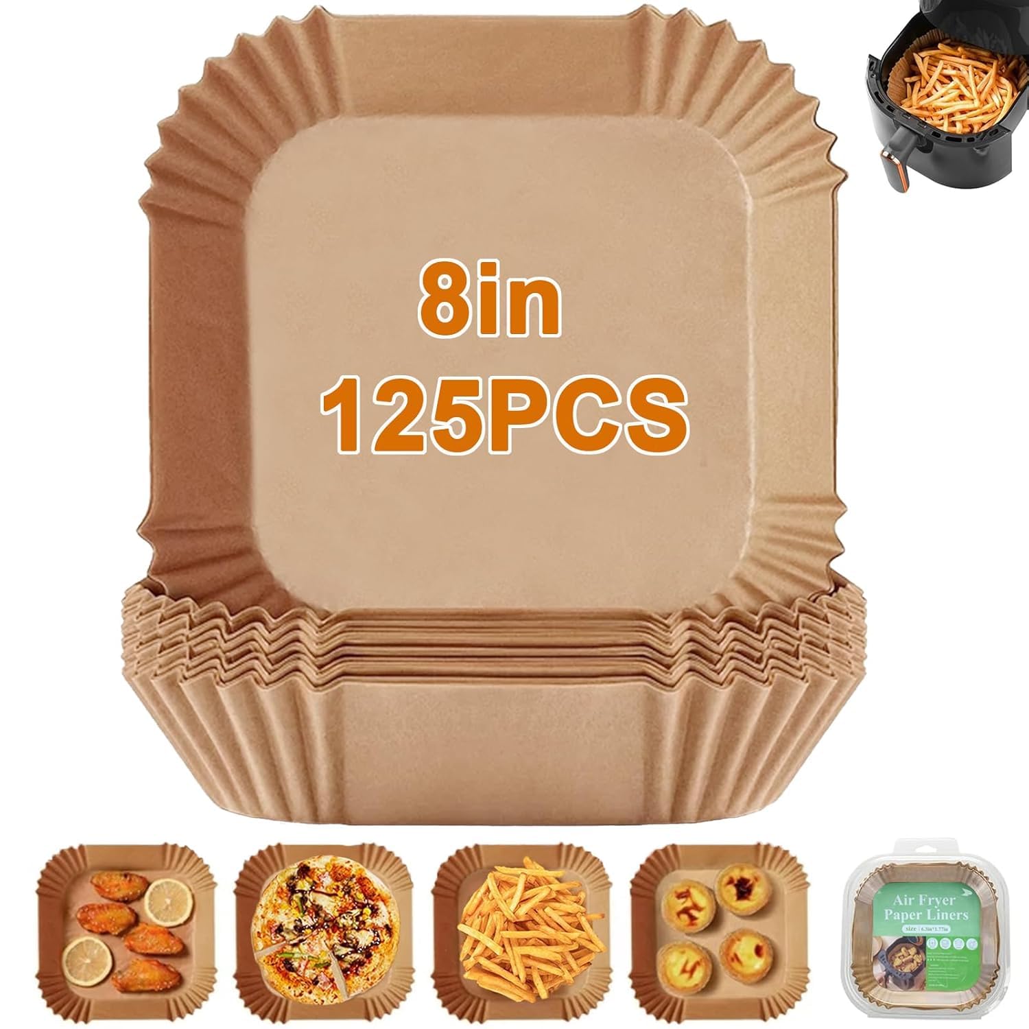 125PCS Air Fryer Paper – 8 Inch Square Disposable Parchment Paper, Non-Stick & Oil-Proof, Heat Resistant Baking for Air Fryer, Oven, Microwave & Steaming – Food Grade Unbleached Liners