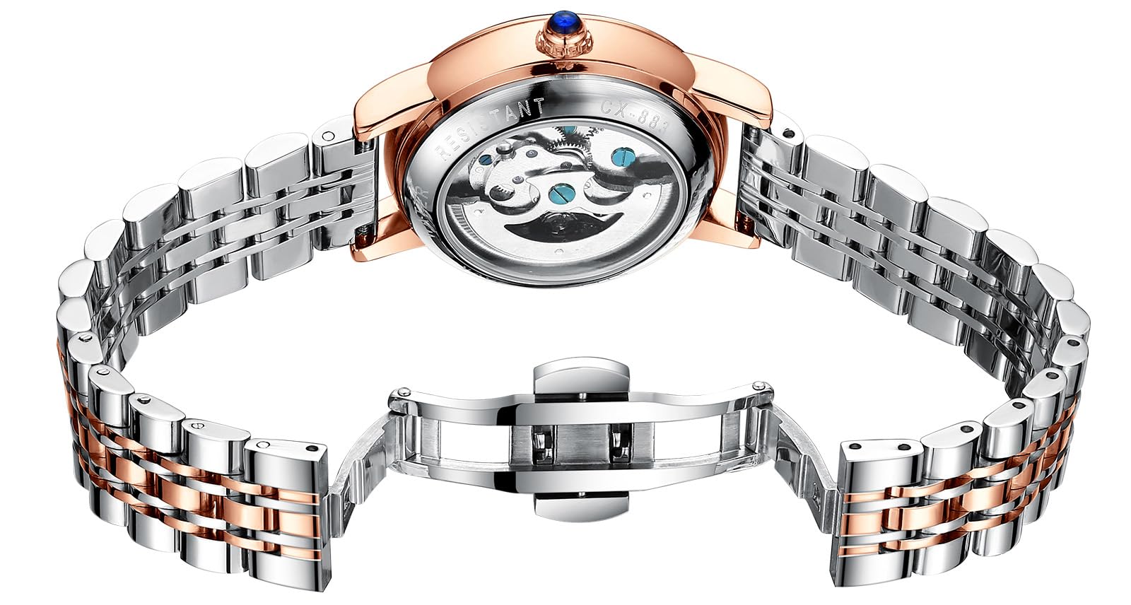 MASTOP Famale Damen Armbanduhr Saphir Automatik Steampunk Armband Gold Skelett Leder Skelett Damenuhr