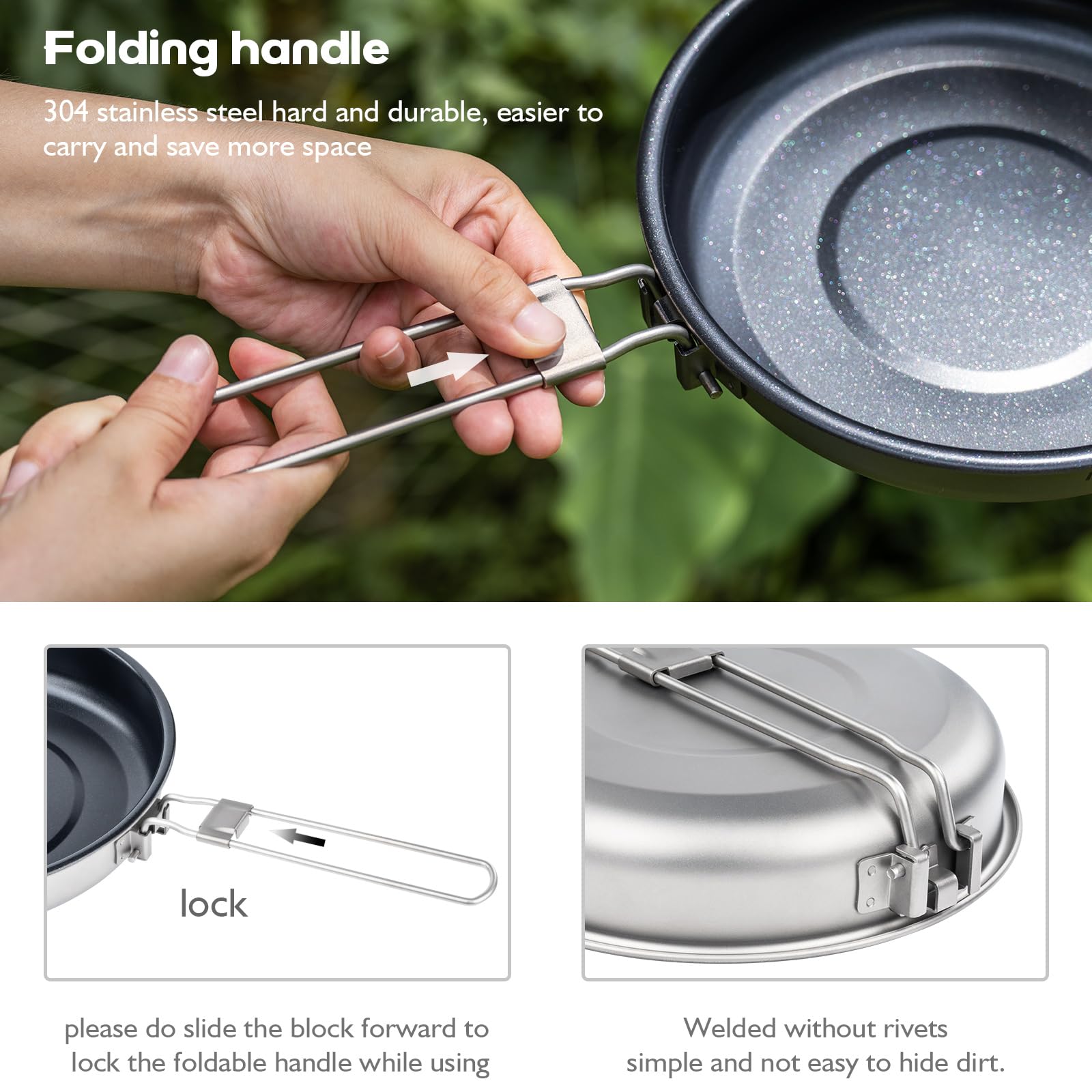iBasingo 22 cm Camping Bratpfanne 1500ml Titan Antihaft Pfanne mit Klappgriff Tragbar Leichtes Kleine Teller Griddle Wandern Skillet Outdoor Backpacking Kochgeschirr für Gebratenes Ei Steak Ti2070C