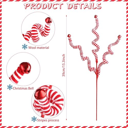 Miniatura 2 de CCINEE 4 campanas de lana de Navidad rizadas, púas de dulces rojos y blancos, adornos para árbol de Navidad, forma de campana para suministros de