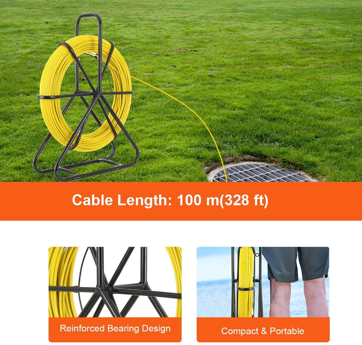 Fish Tape Fiberglass, 1/4 in, Electrical Fish Tape 328 ft, Duct Rodder Fishtape Wire Puller, Cable Running Rod with High-Quality Steel Reel Stand 6MM x 100M