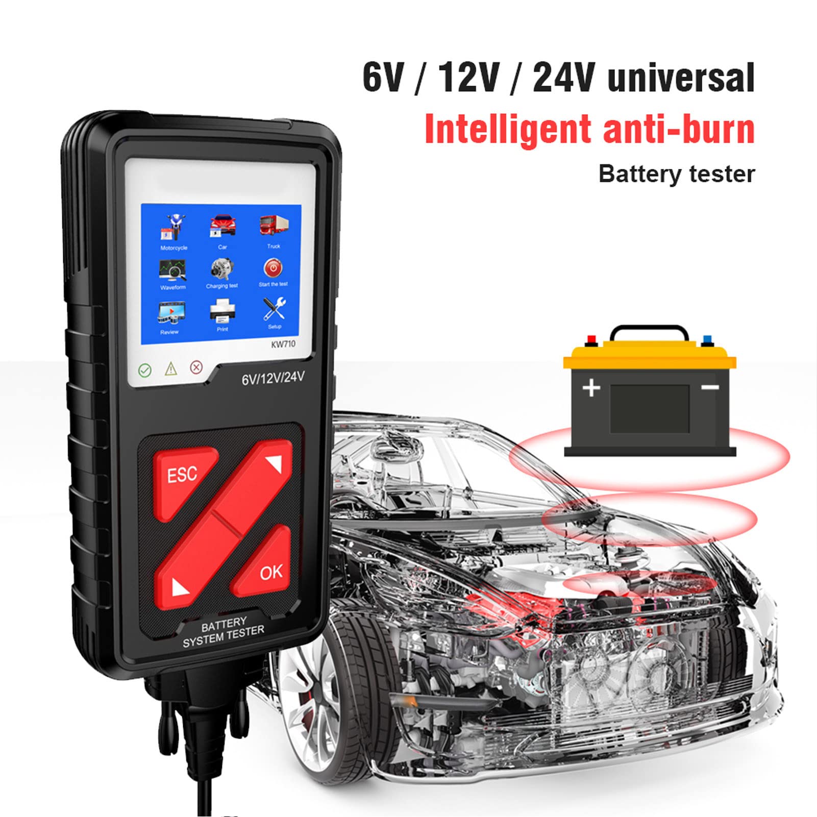 Aramox Testeur de Batterie Numérique ABS Analyseur de Batterie de Voiture 6 V 12 V 24 avec écran Couleur 3,2 Pouces 100 à 2000 CCA Outil de Test de Démarreur d'alternateur pour Voitures Camions Motos
