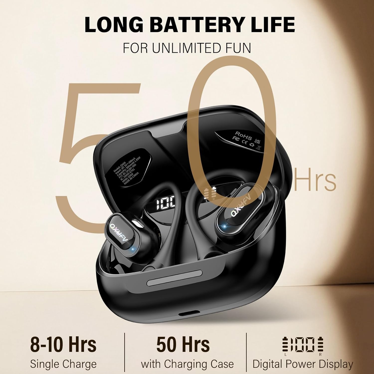 Open Ear Headphones, Bluetooth 5.4 Wireless Earbuds Premium Sound with HD Mic, 48H Playtime LED Power Display Auto Pairing Ear Buds, IPX7 Lightweight Comfort Earphones for Sporting, Deep Black - Image 5