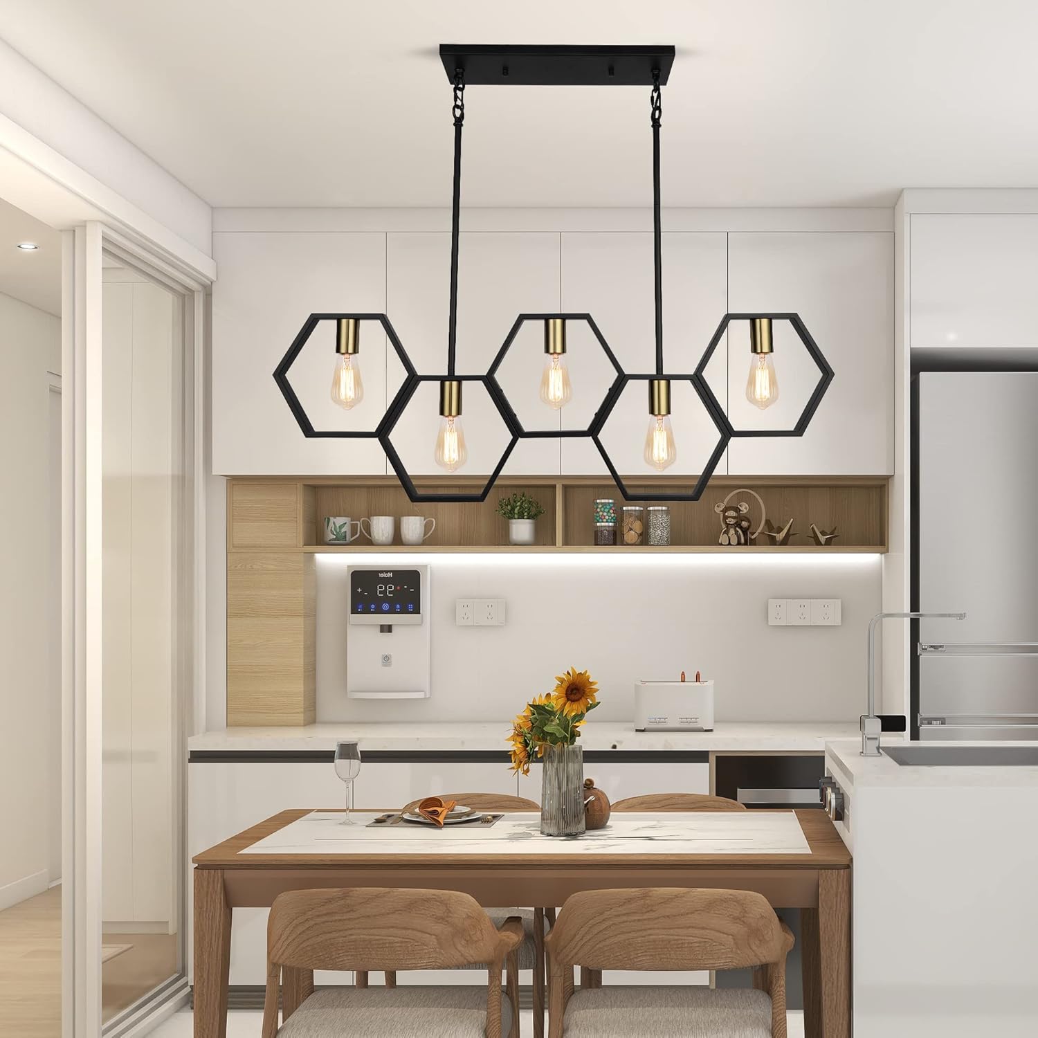 5-Light Dining Room Light Fixtures Over Table, Industrial Kitchen Island Lighting, Adjustable Height Hanging Rectangular Chandelier, Modern Pool Table Lights, Black/Gold Finish