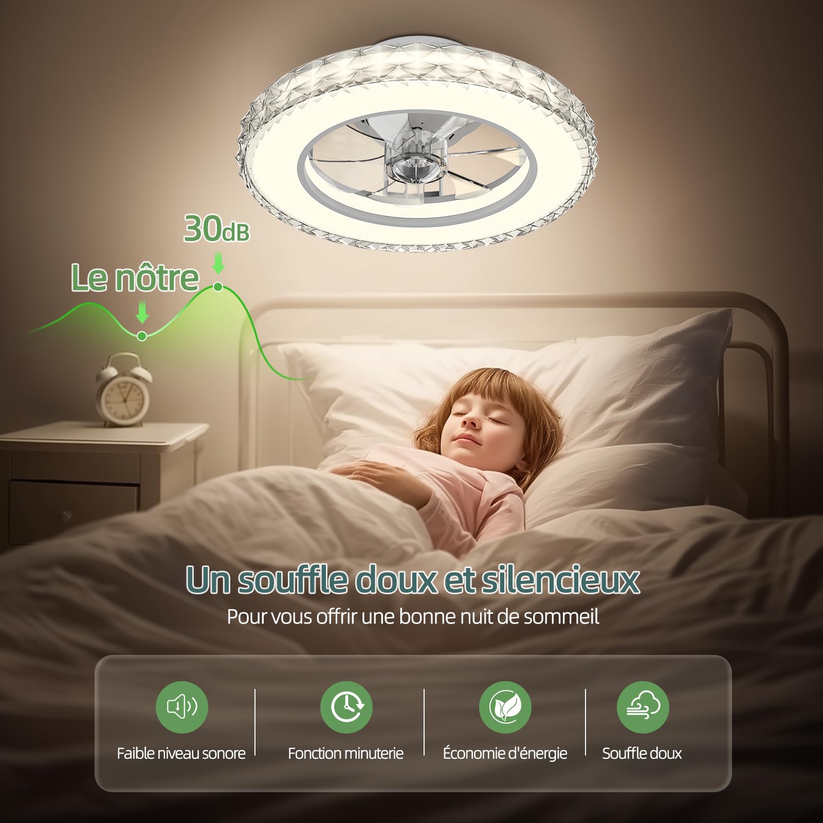 Ateroll Cristal Ventilateur Plafond avec Lumiere Ø43.5 cm, 3000K-4000K-6500K+RGB, 6 Vitesses de Ventilation Réglables avec Télécommande, Minuterie, Mémoire de Lumière, Ventilateur Réversible