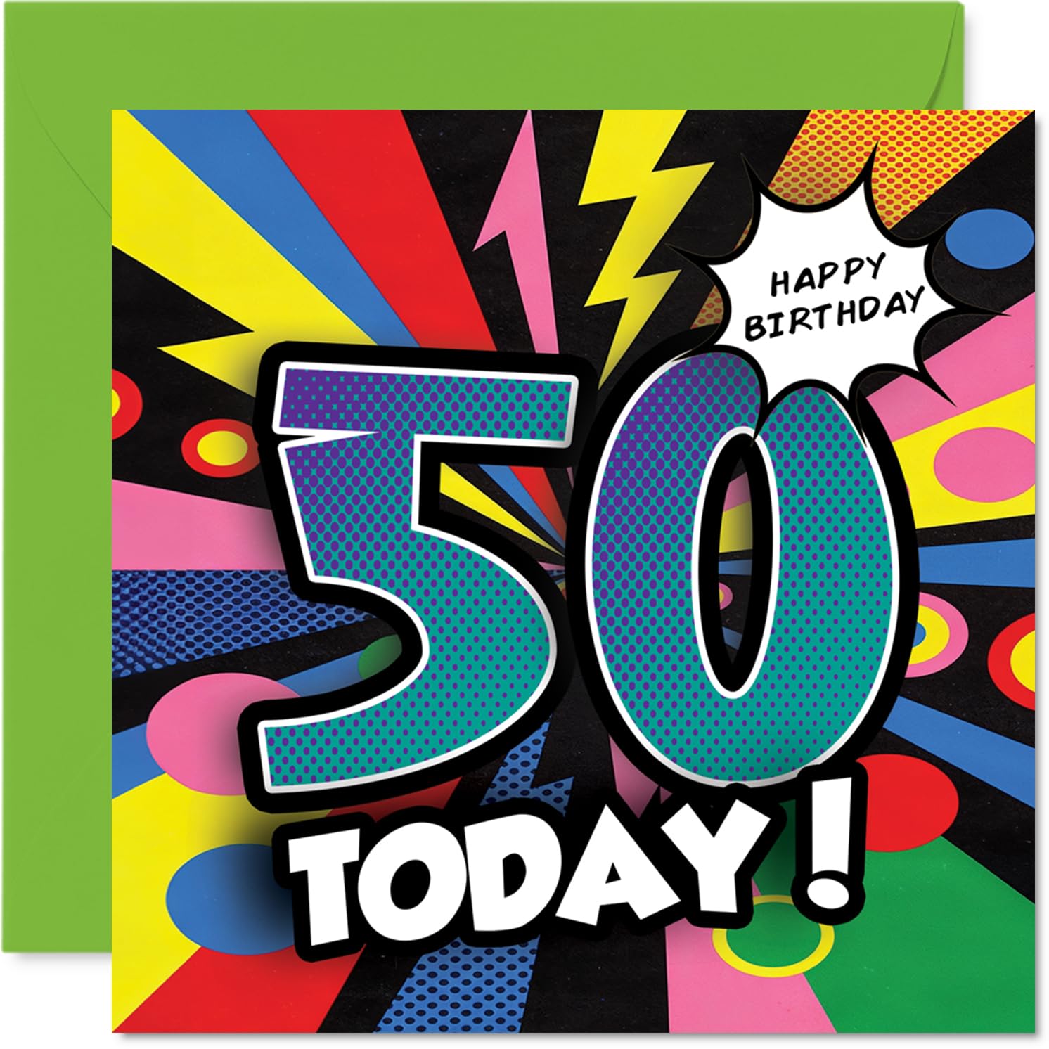 Milestone 50th Birthday Card - Fifty and Fabulous - Vibrant Multicolour Design with Bold Celebratory Lettering - 145mm Square, Envelope Included