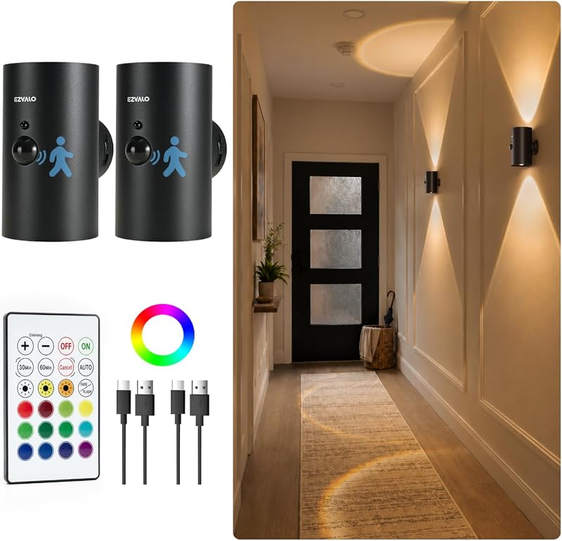 Motion Sensor Wall Light, Rechargeable Wireless LED Sconce | 3CCT & RGB, No Drill Mount, Remote, Dimmable, Magnetic, Ambient for Living Room, Bedroom, Hallway - 2 Pack, Modern Black