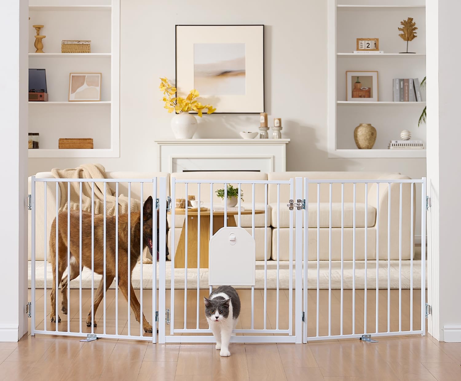 ( similar to stock photo)No Pawblems Free Standing Dog Gate with Cat Door, 30'' Tall Foldable Dog Fence for Indoor & Outdoor, Up to 78 Inch Extra Wide Puppy Gate for Stairs, Hallways, Doorways, Deck, Yard (White, 3 Panels) White Up to 78\" W, 3 Panels