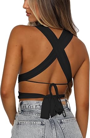 Kaximil Women's Sexy Halter Criss Cross Tank Crop Tops