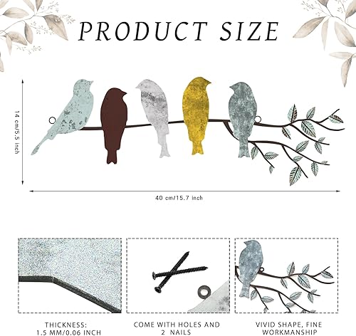 Miniatura 2 de Ferraycle Arte de pared de pájaro de metal, pájaros en la rama, decoración de pared de hojas con pájaros, escultura de metal, silueta de pájaro,