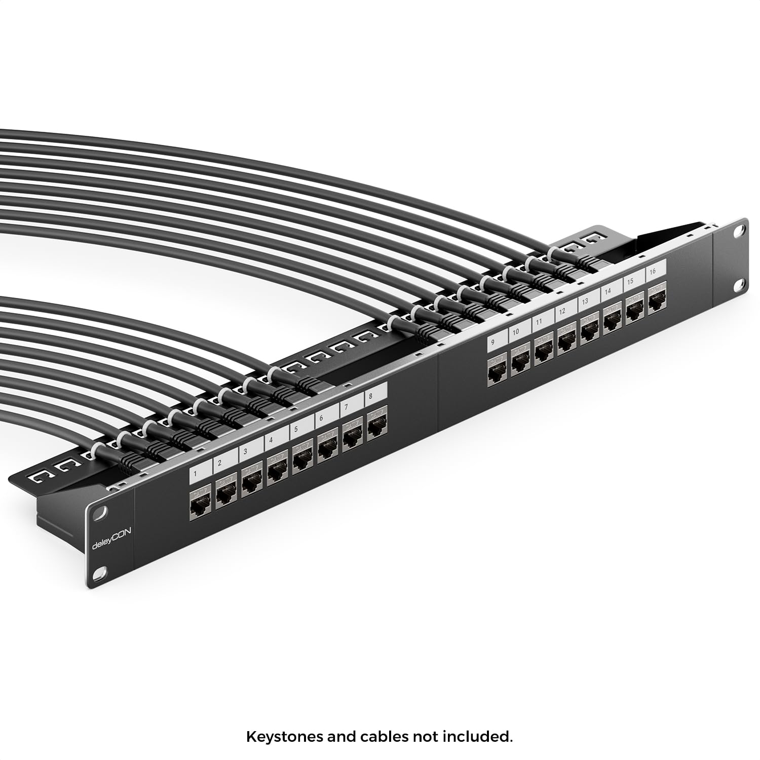 deleyCON 16 Port CAT 7 Patchpanel Pole Modularne 1 HE + 16x Złącze RJ45 (Gniazdo na Gniazdo) Moduł Keystone CAT 7-19" Zoll Montaż w Szafie Serwerowej Kompatybilne z CAT6 CAT7 CAT8 Patchkabel Czarny